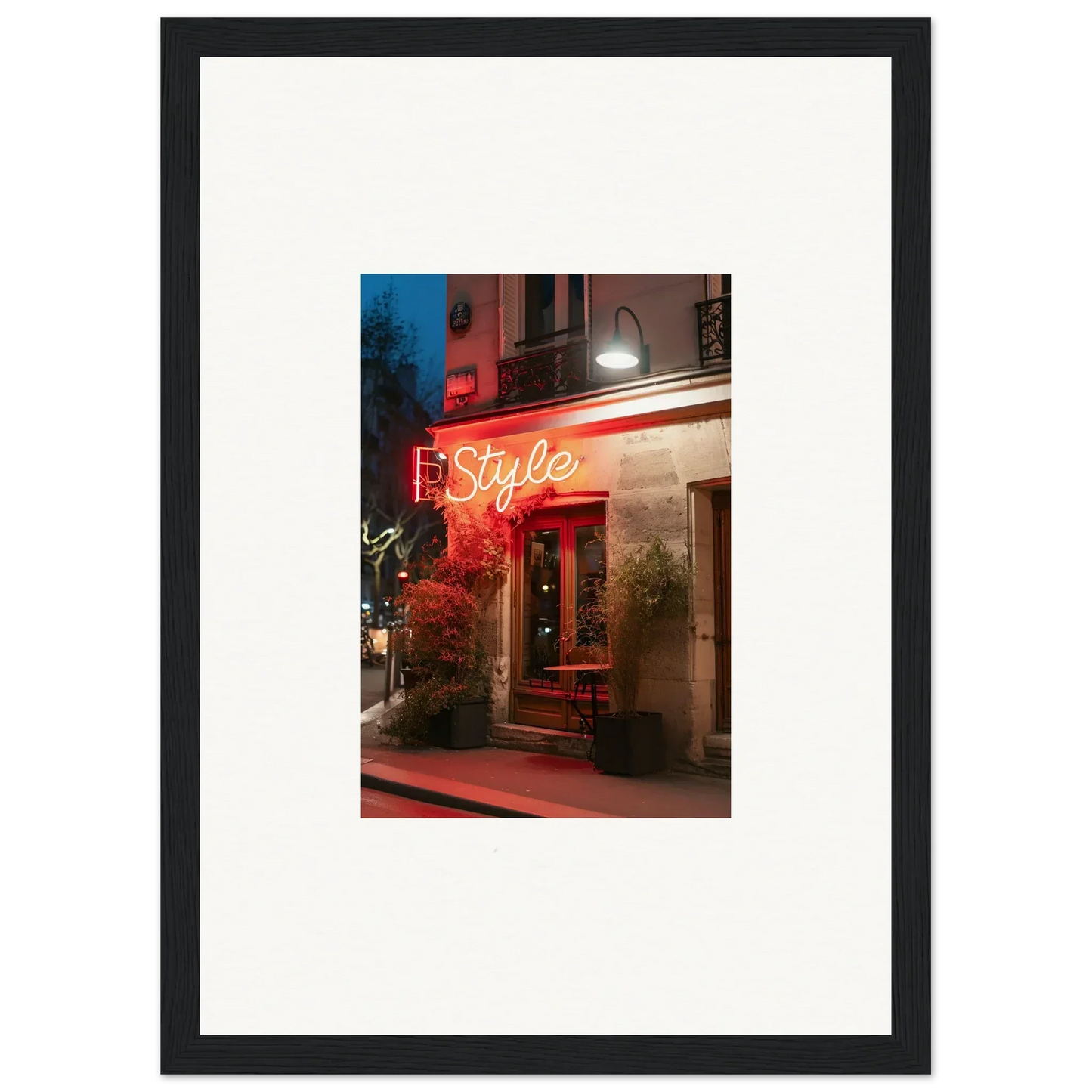 Framed photograph of a neon-lit storefront with Style sign, perfect for room decoration