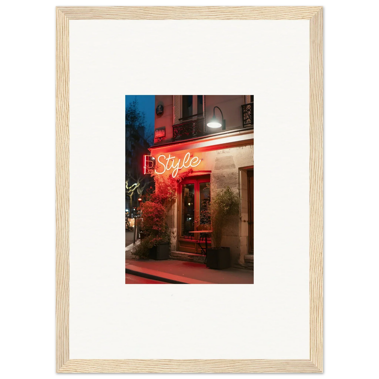 Framed canvas print of neon-lit Style storefront at night, perfect for room decoration