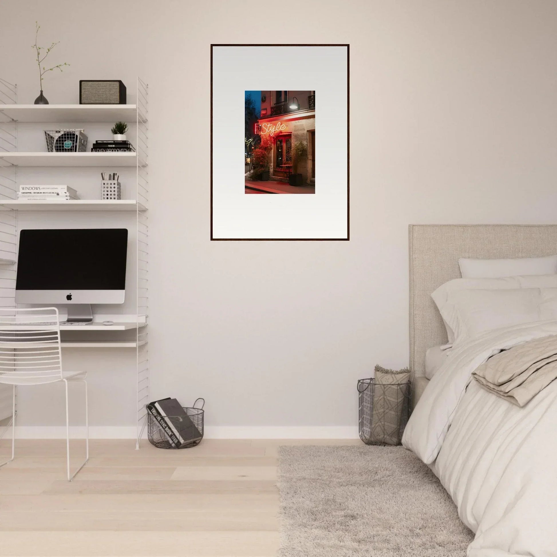 Framed canvas print of vibrant urban street scene at night with pavement glow for room decoration
