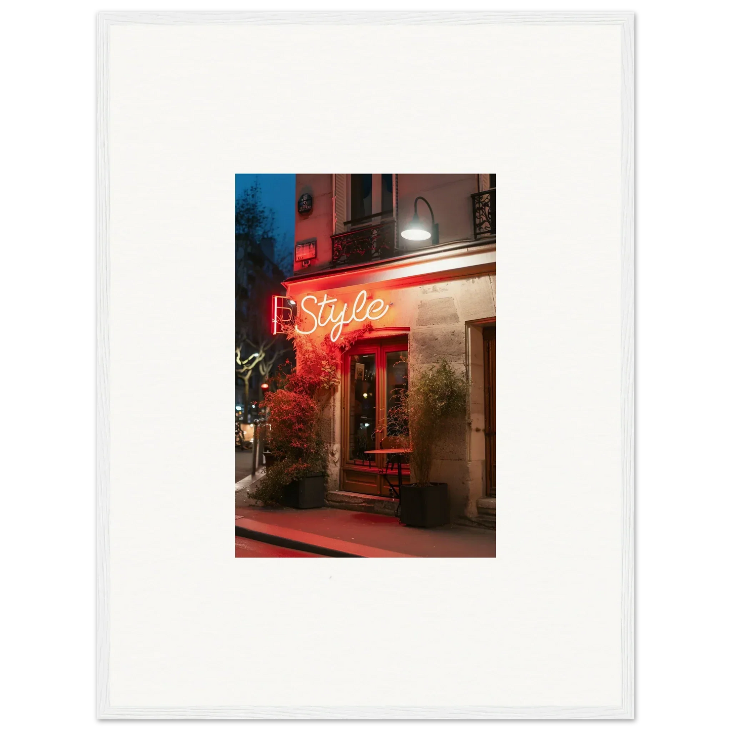 Neon-lit Style restaurant storefront with vibrant pavement glow in the night, perfect for room decoration