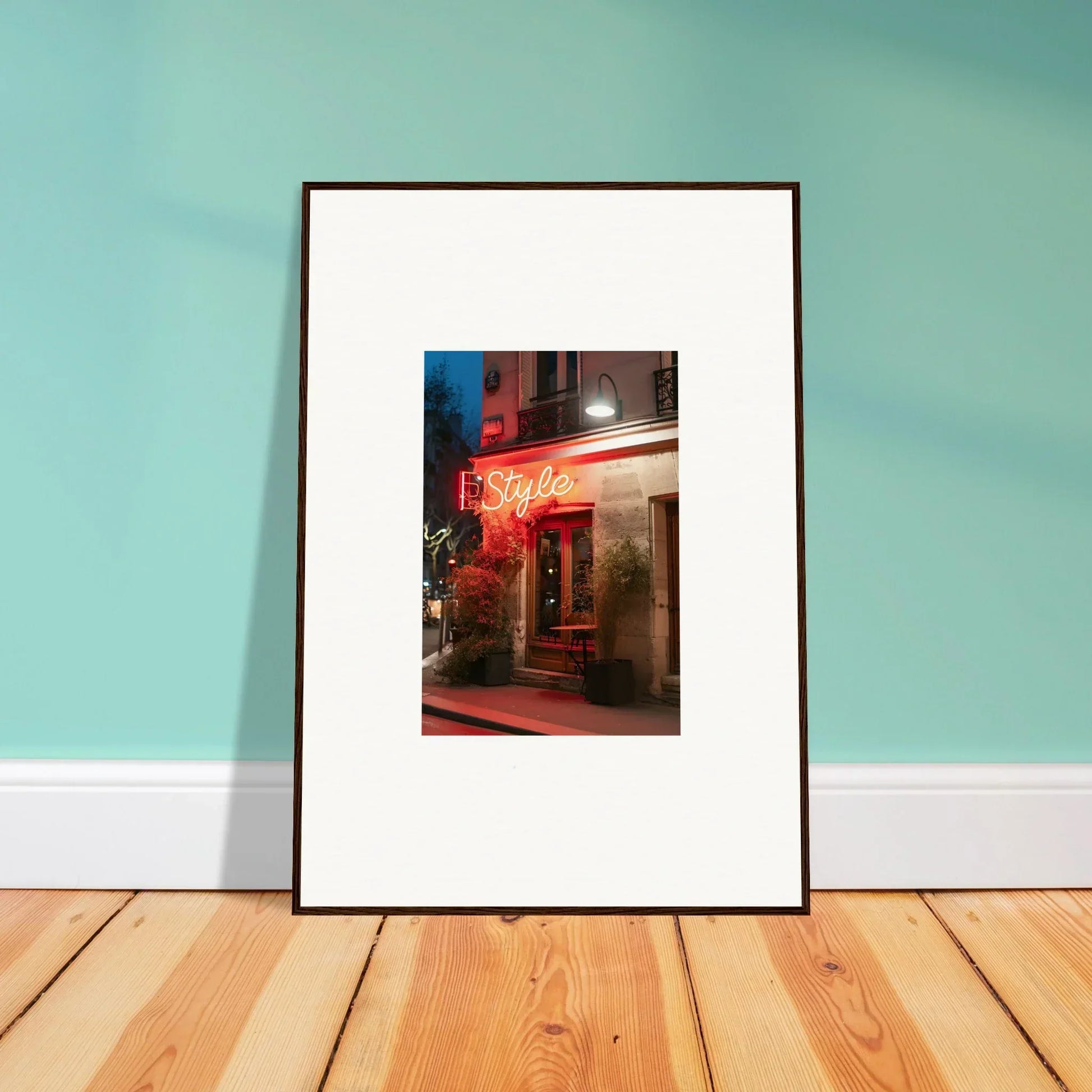 Framed canvas print of Conscious Pavement Glow showcasing a vibrant restaurant at night