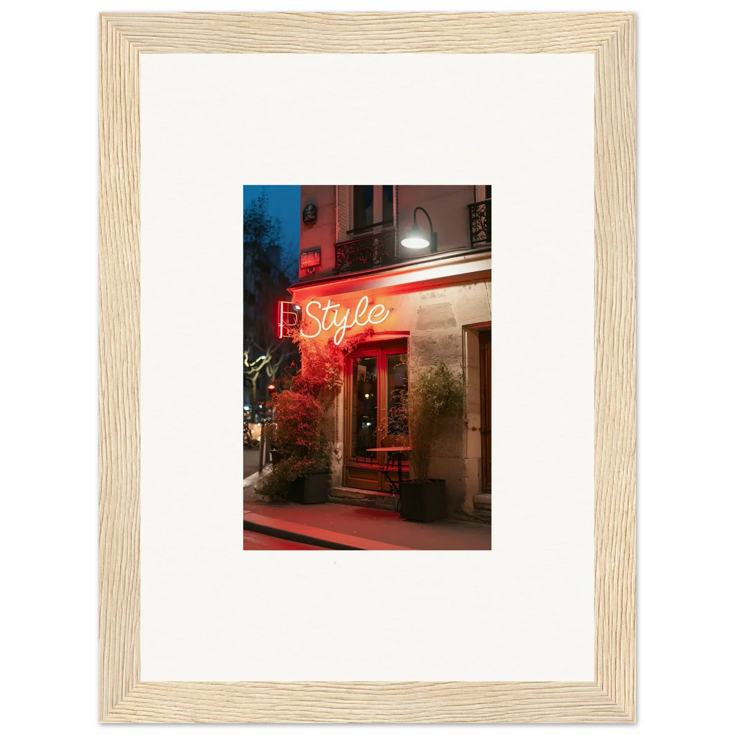 Framed canvas print of a neon-lit storefront for stylish room decoration with pavement glow