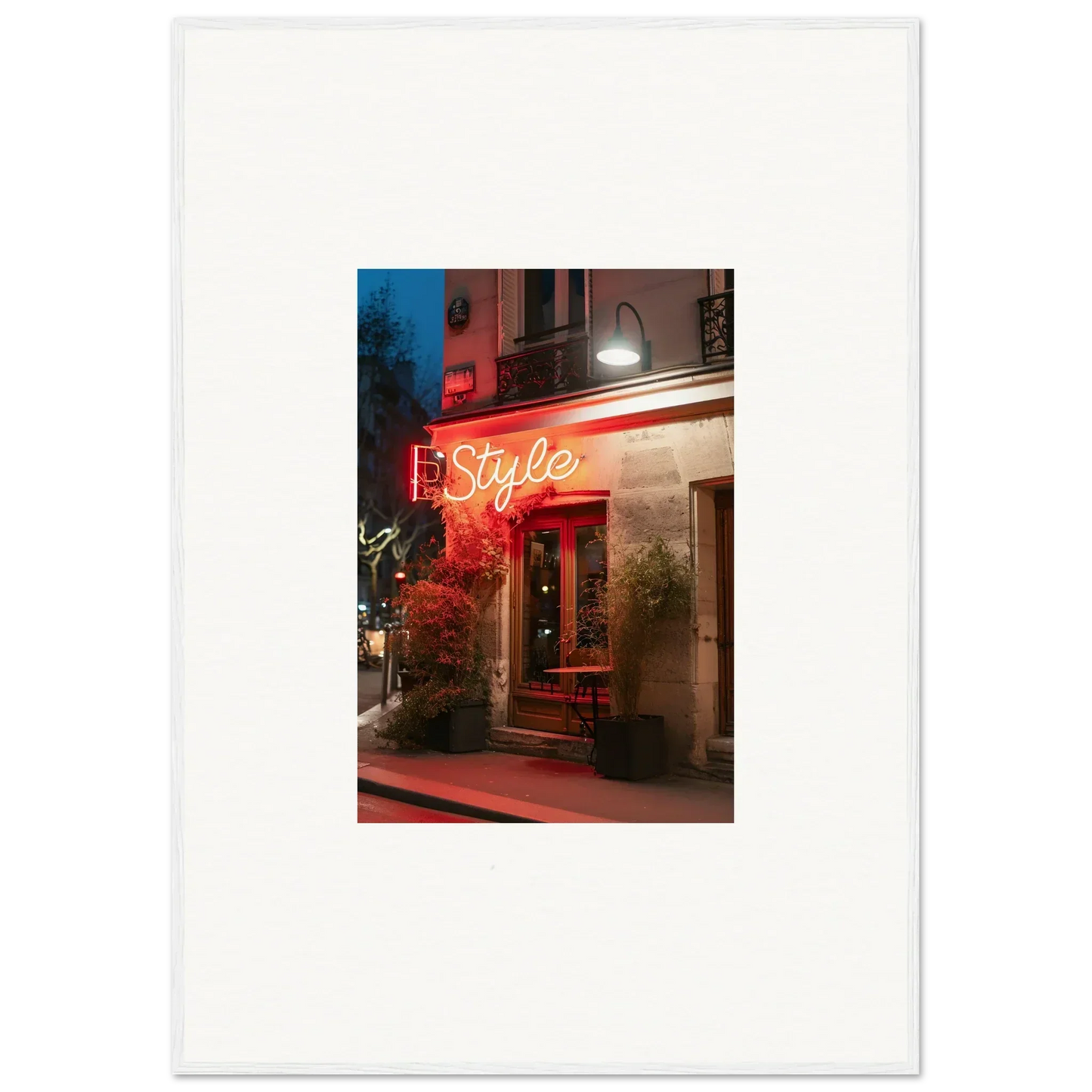 Neon style sign lighting up building entrance, perfect for pavement glow room decoration