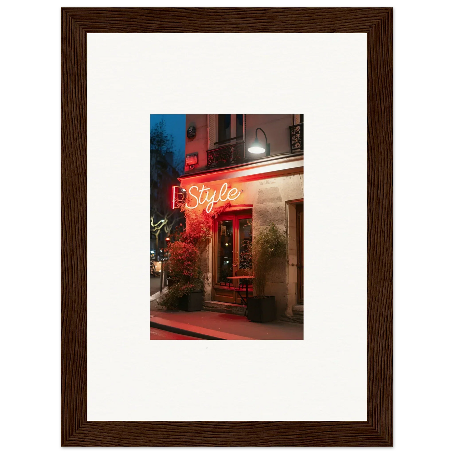 Framed canvas print of a neon Style sign storefront, perfect for room decoration with pavement glow
