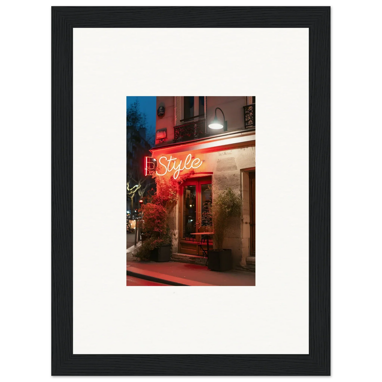 Framed canvas print of neon-lit Styles storefront for cool room decoration with pavement glow