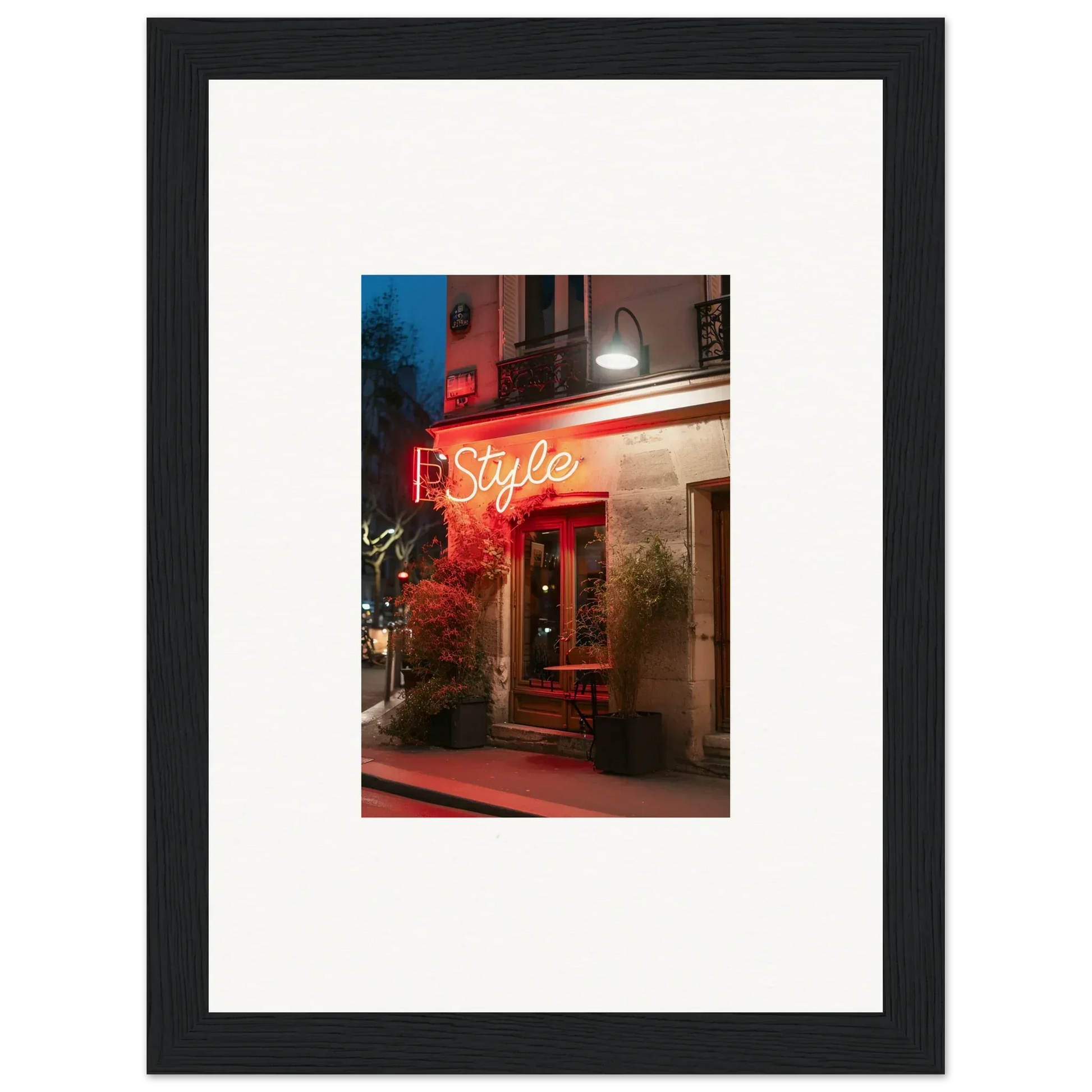 Framed canvas print of neon-lit Styles storefront for cool room decoration with pavement glow