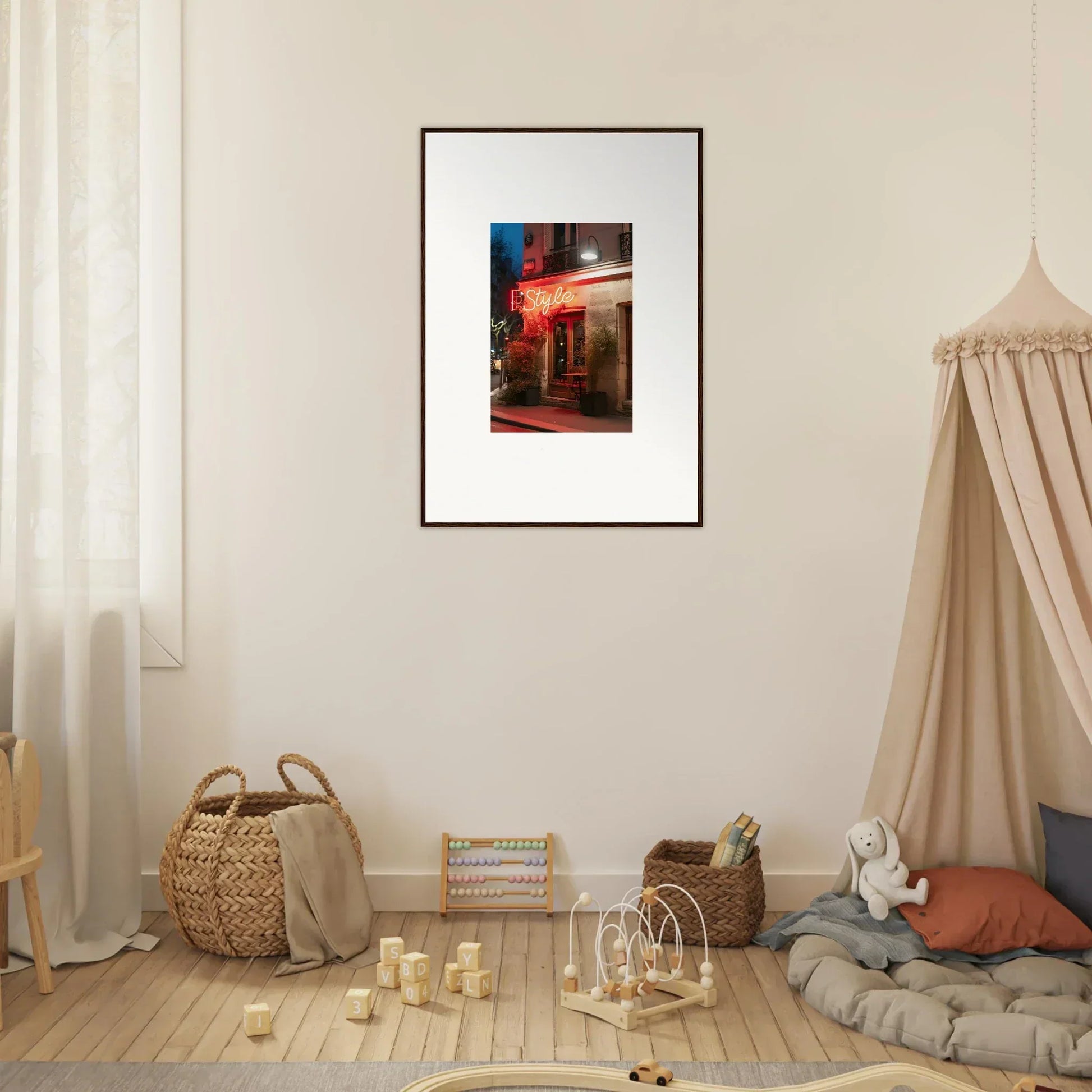 Framed canvas print of a nighttime street with striking pavement glow for room decoration