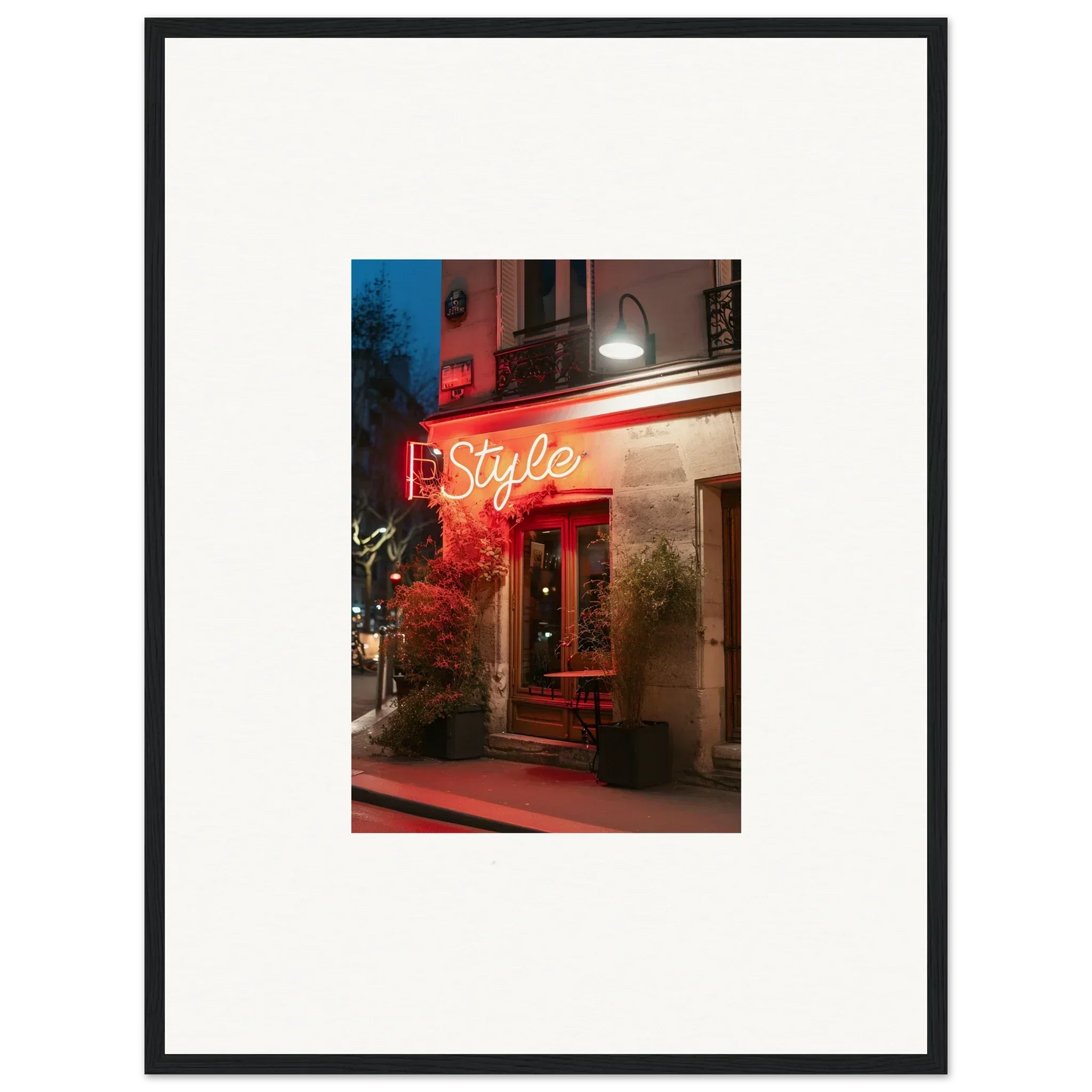Framed photograph of a neon-lit storefront sign for room decoration with pavement glow vibes