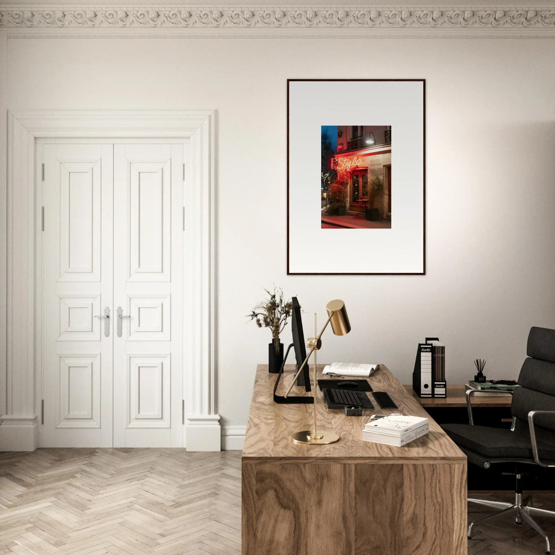 Wooden desk with a typewriter and books in a minimalist workspace for cool room decoration