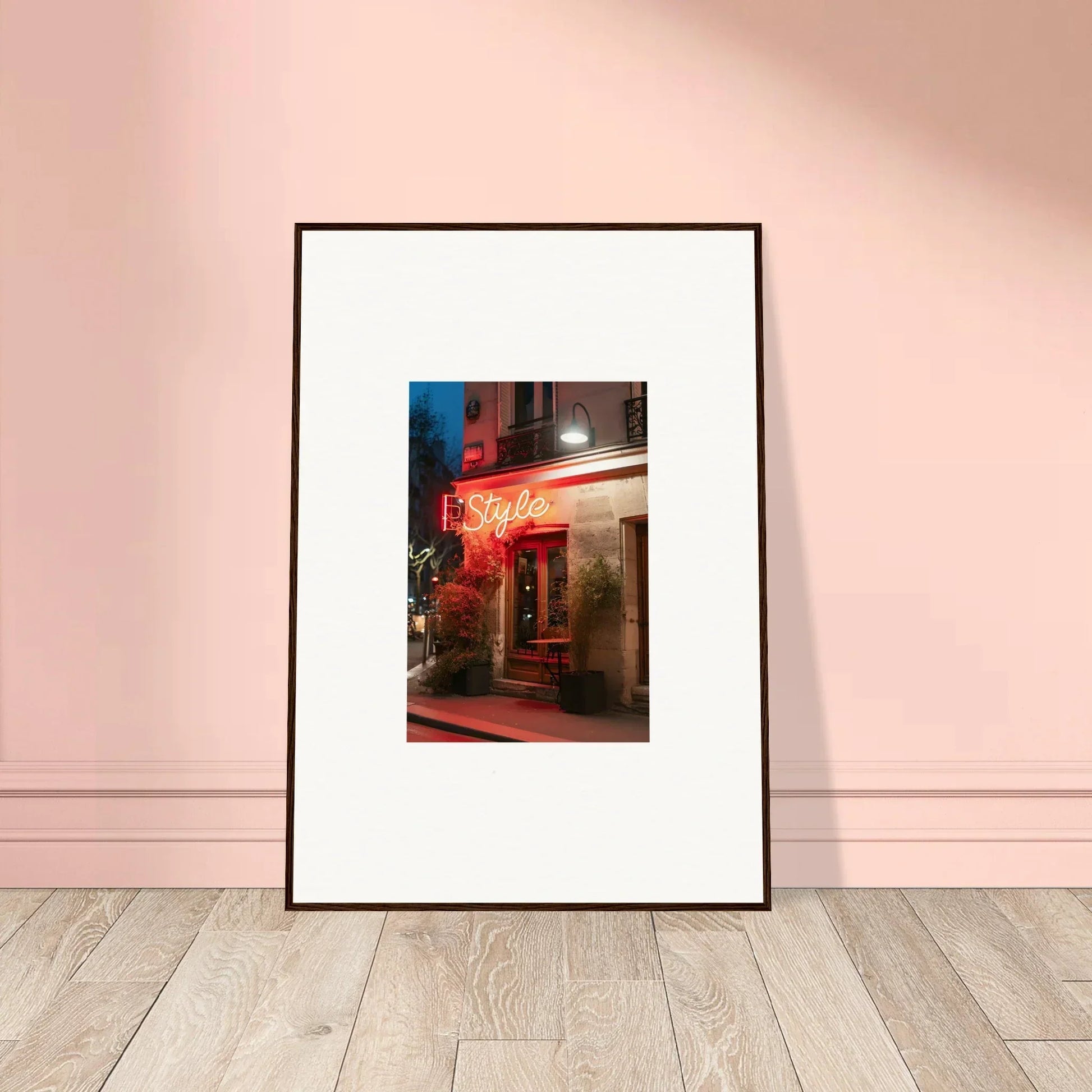 Framed canvas print of a vibrant neon-lit storefront for cool room decoration