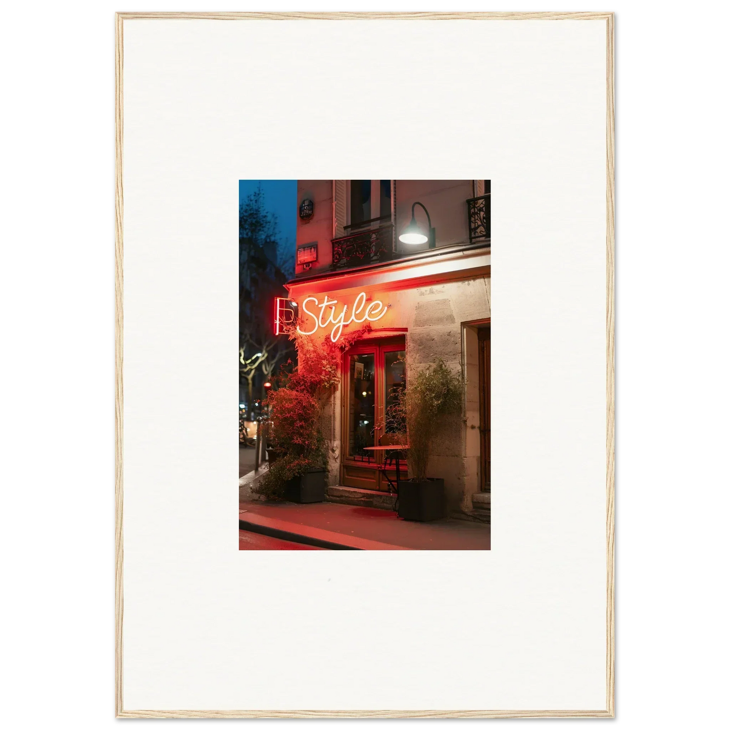 Framed canvas print of a neon Style sign storefront, perfect for room decoration and pavement glow