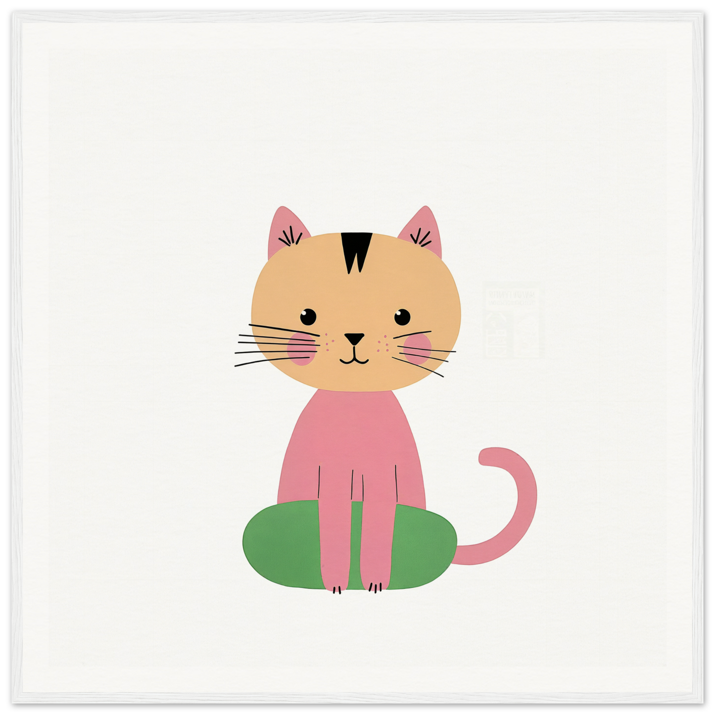 Cute pink cartoon cat on green cushion representing Contented Cat Bliss
