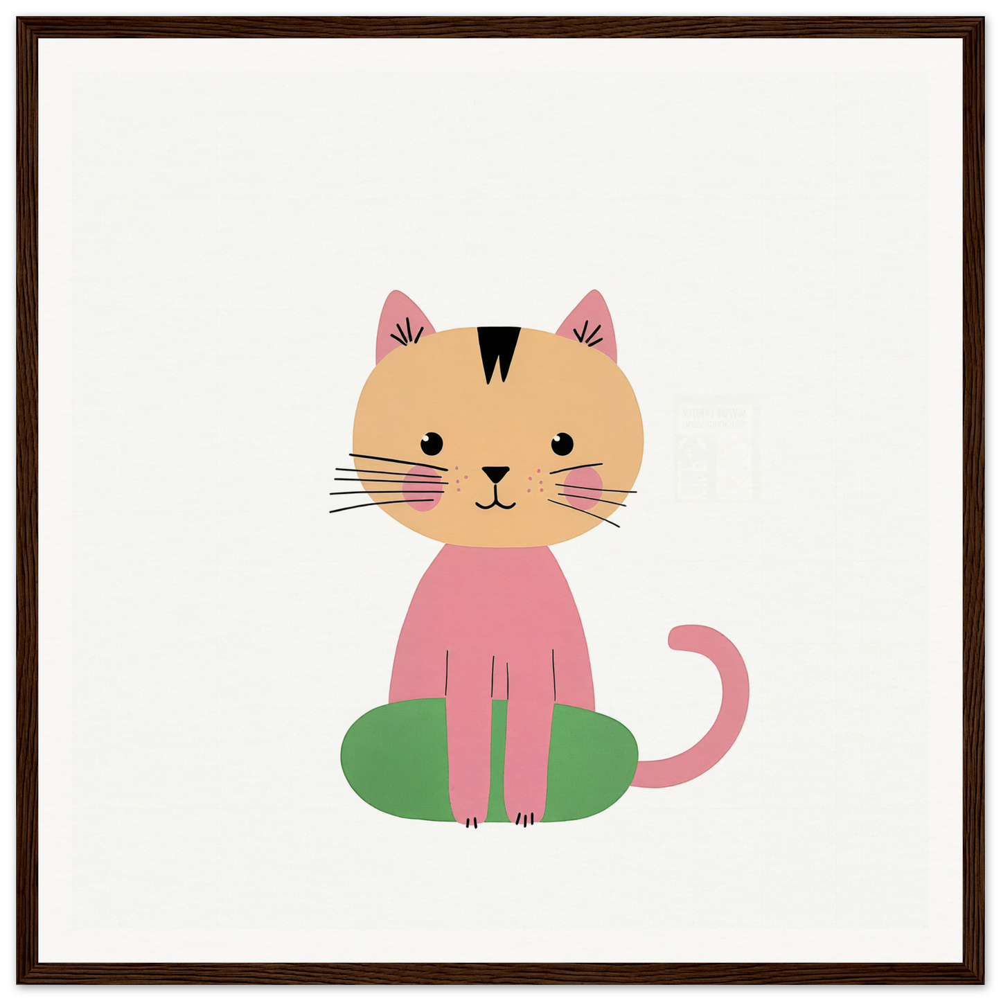 Cute cartoon cat in pink outfit on green cushion, embodying Contented Cat Bliss