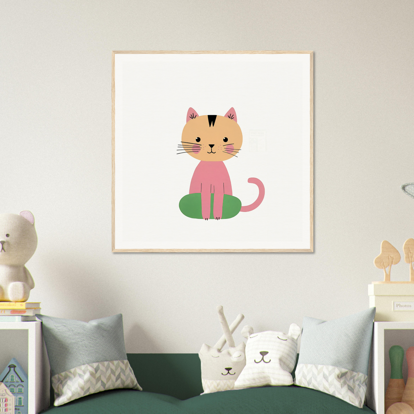Simple cartoon illustration of a pink cat on a green circle for Contented Cat Bliss