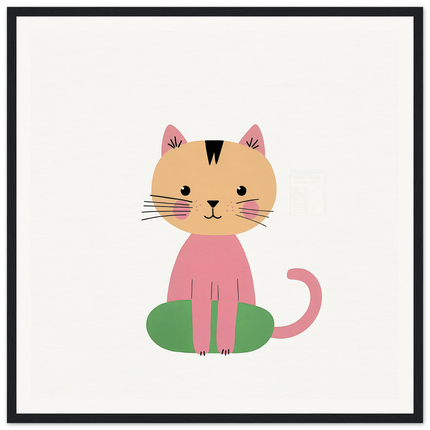 Cute pink cartoon cat sitting on a green cushion, embodying Contented Cat Bliss