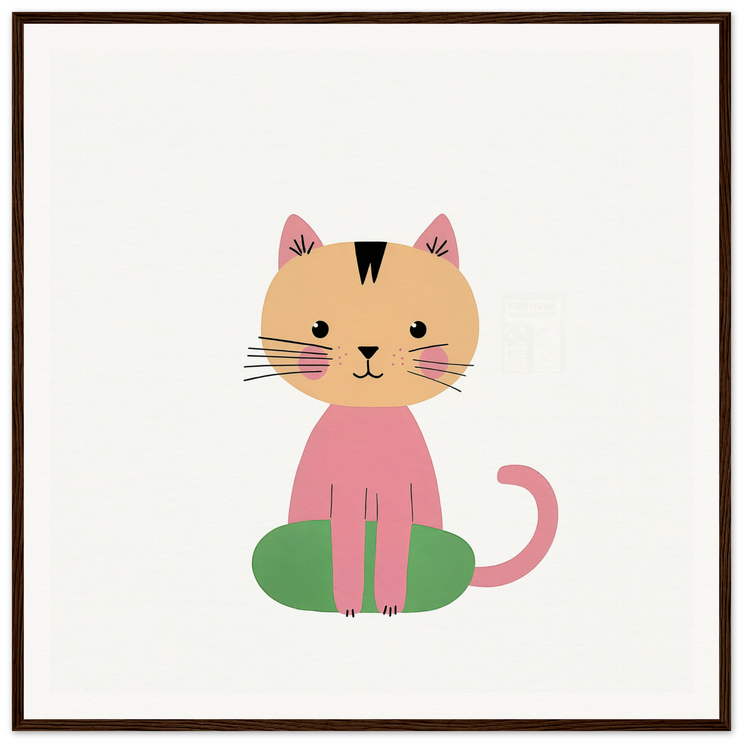 Cute cartoon cat with pink fur resting on a green cushion, embodying Contented Cat Bliss