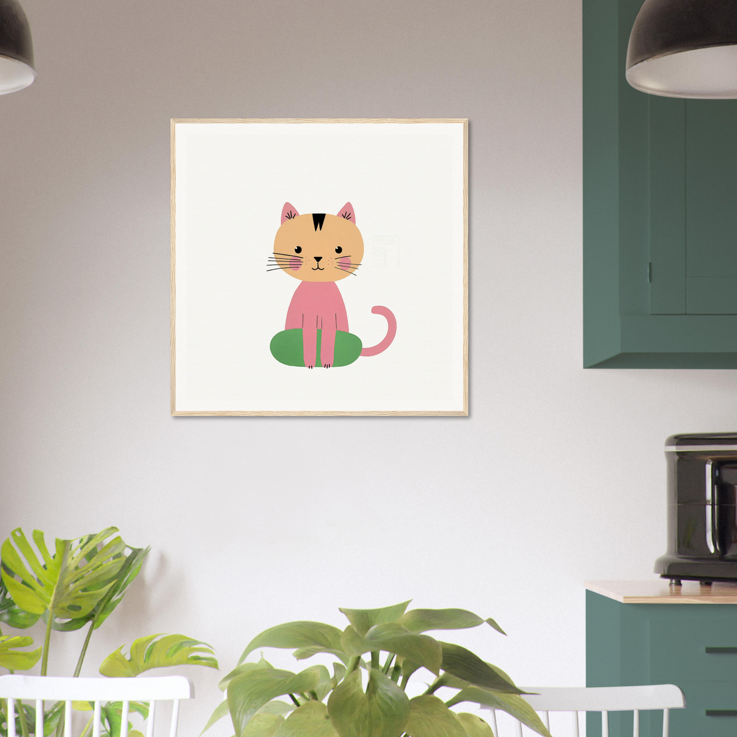 Simple cartoon illustration of a pink cat conveying Contented Cat Bliss on a green circle