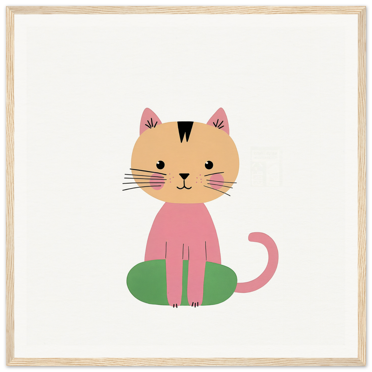 Cute cartoon cat in pink outfit on green cushion, embodying contented cat bliss