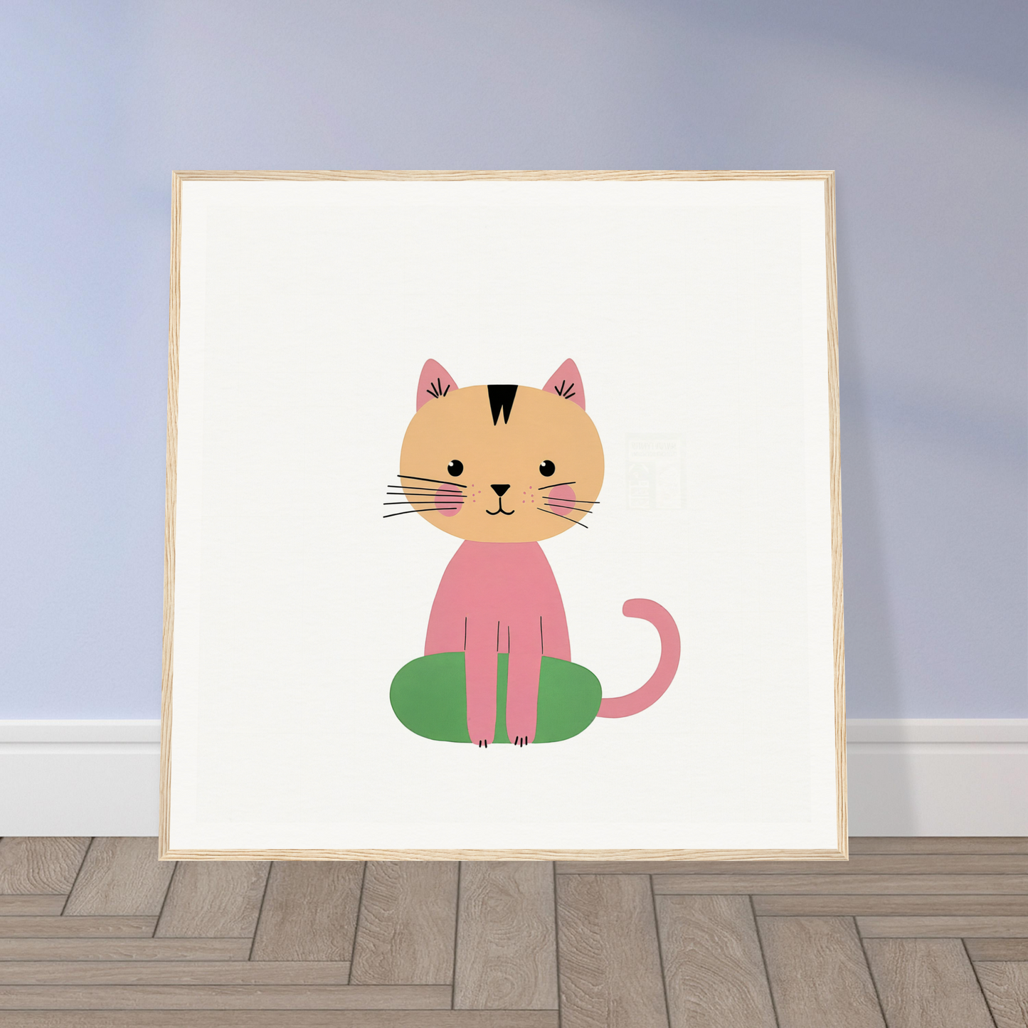 Cute cartoon cat with pink body on green oval, embodying Contented Cat Bliss