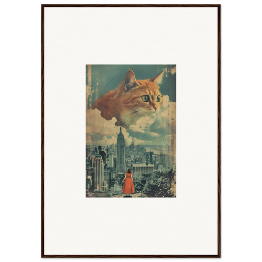 Framed wall art featuring surreal cat visions over a cityscape with a small figure