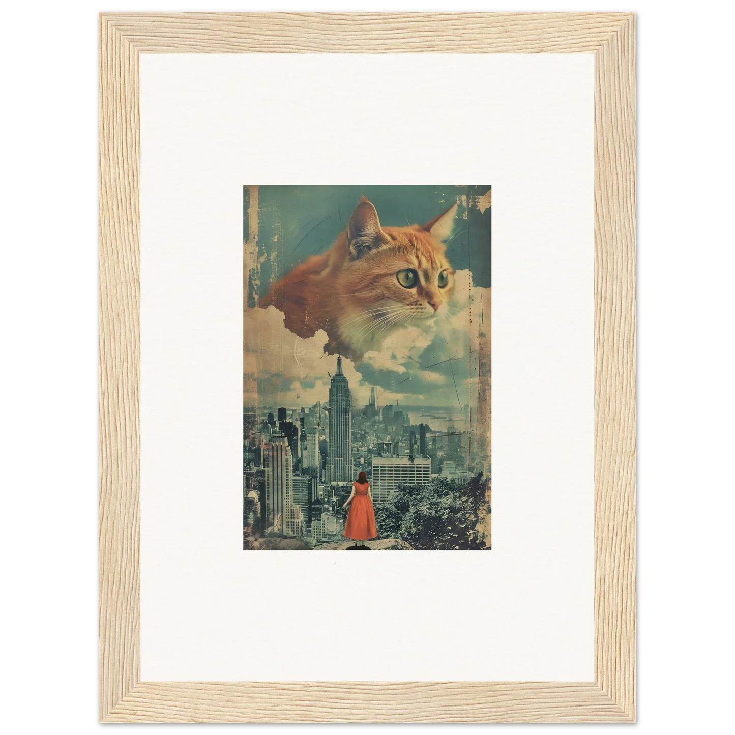 Surreal collage of a giant cat head above a cityscape for unique room decor