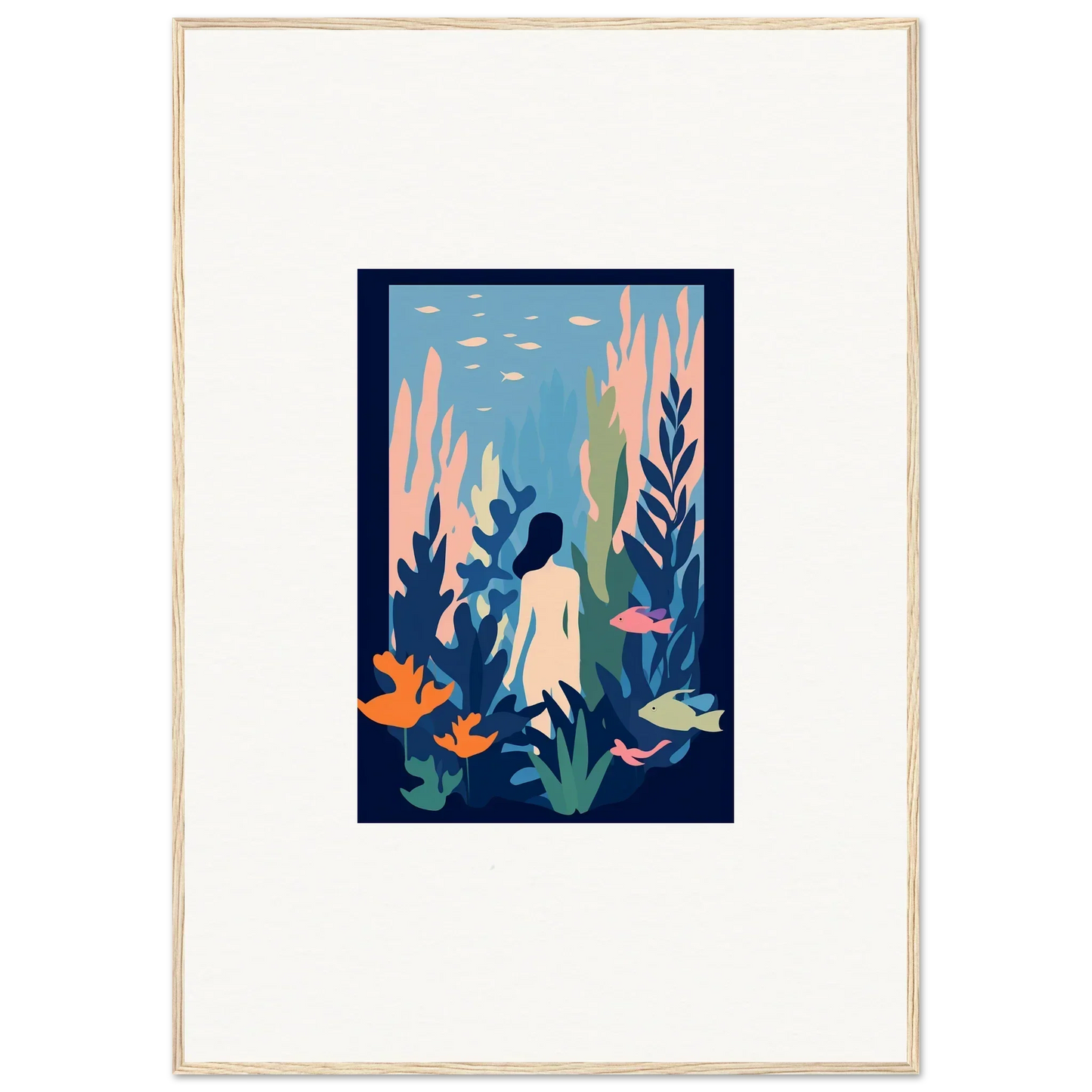 Stylized underwater scene with a silhouetted figure in Cosmic Kelp Dream canvas print