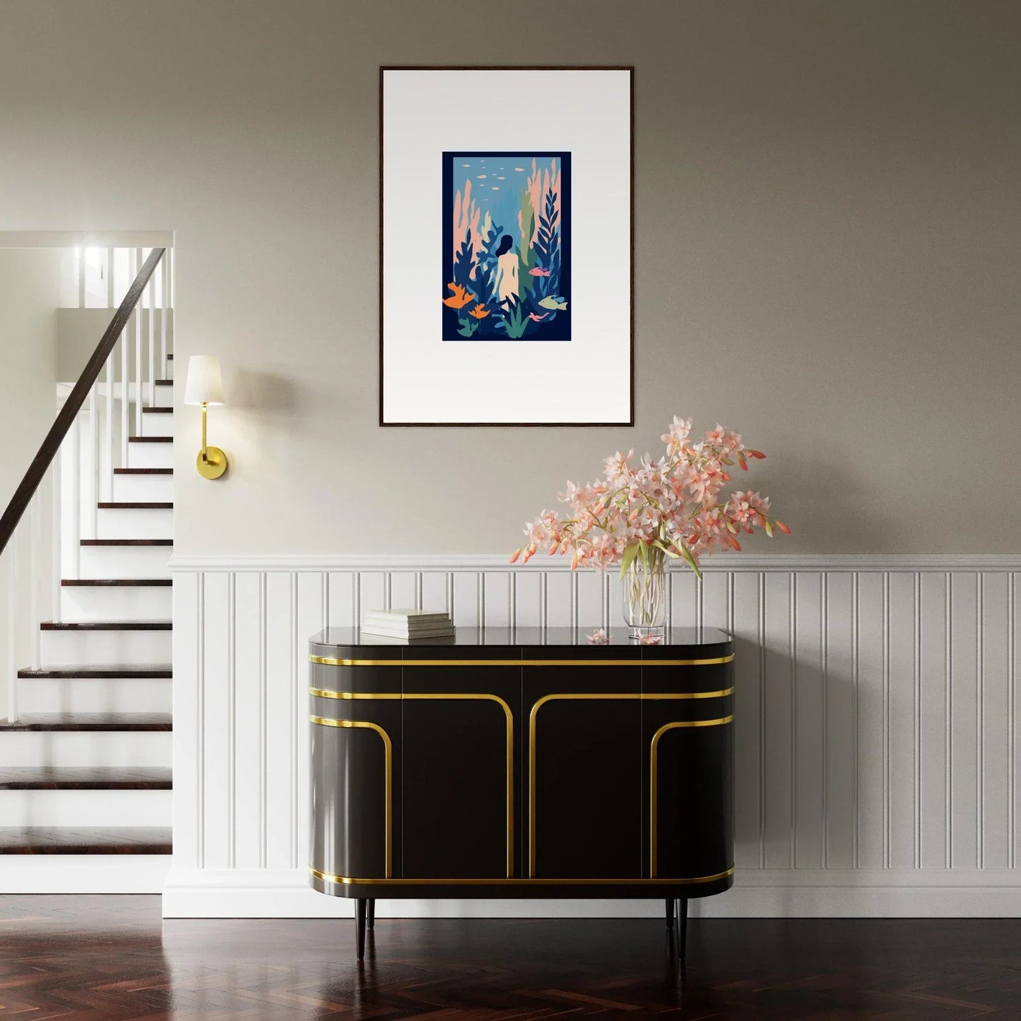 Elegant black sideboard with gold trim, perfect for Kelp Dream room decoration