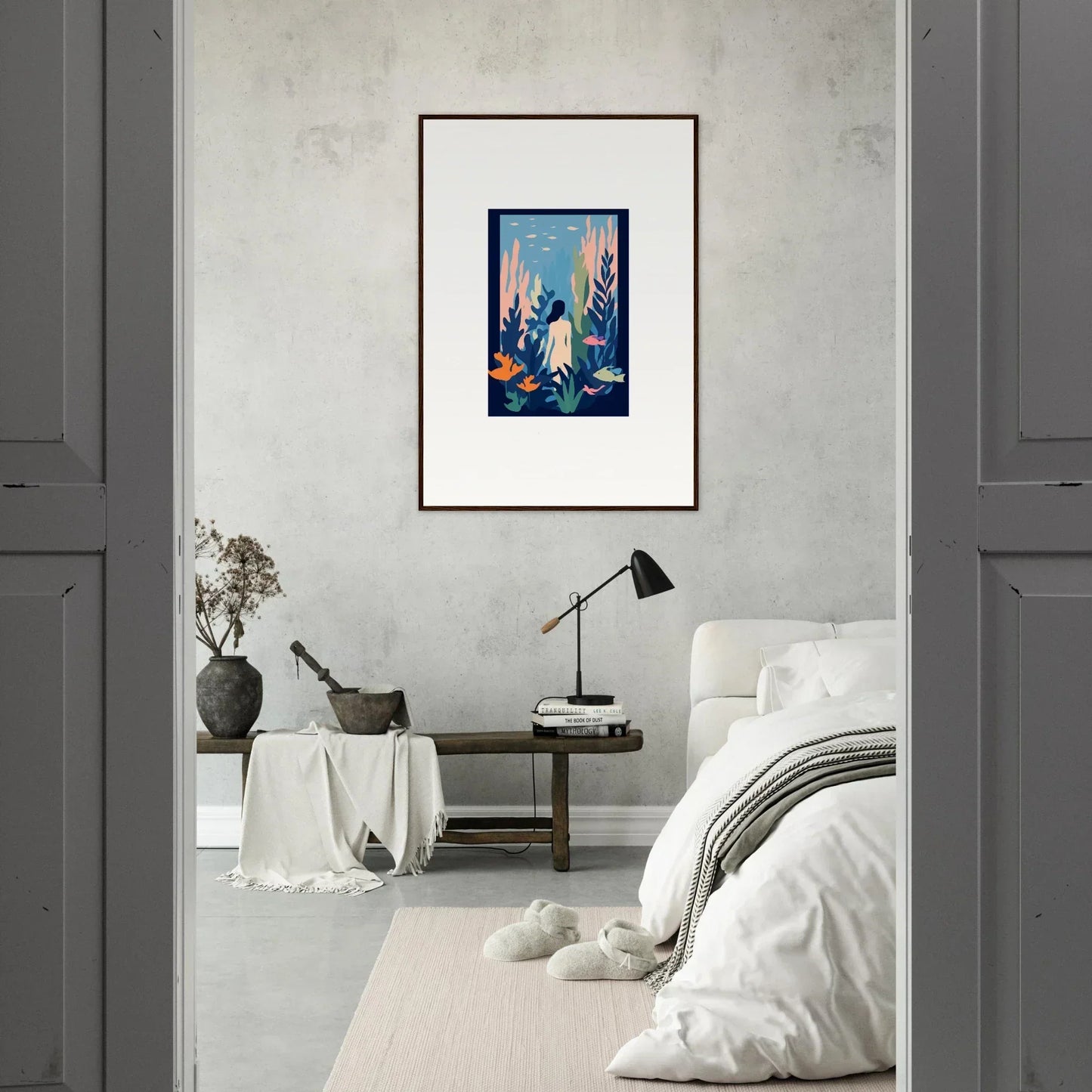 Framed Cosmic Kelp Dream canvas print in vibrant blue and pink for stylish room decoration