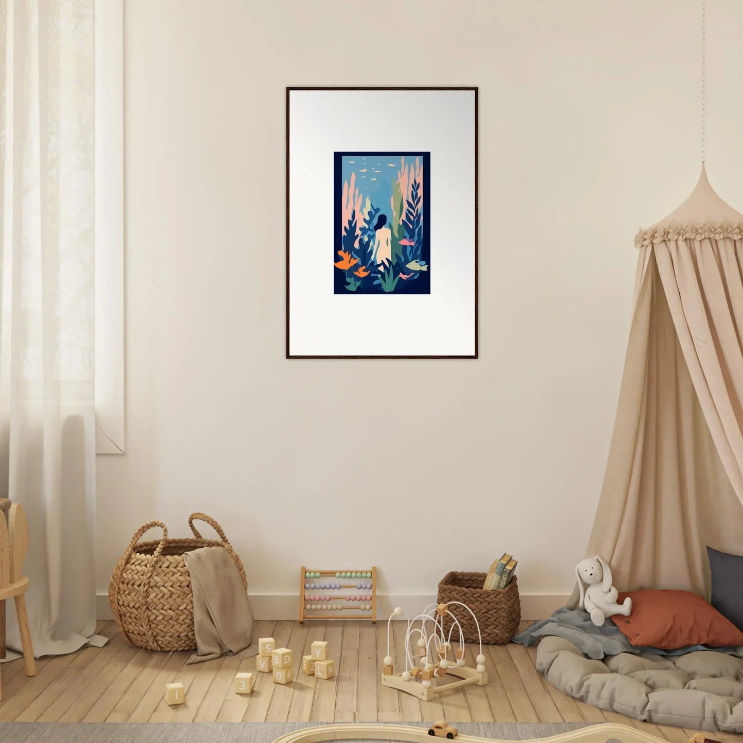 Framed Cosmic Kelp Dream canvas print of a magical underwater scene with a mermaid