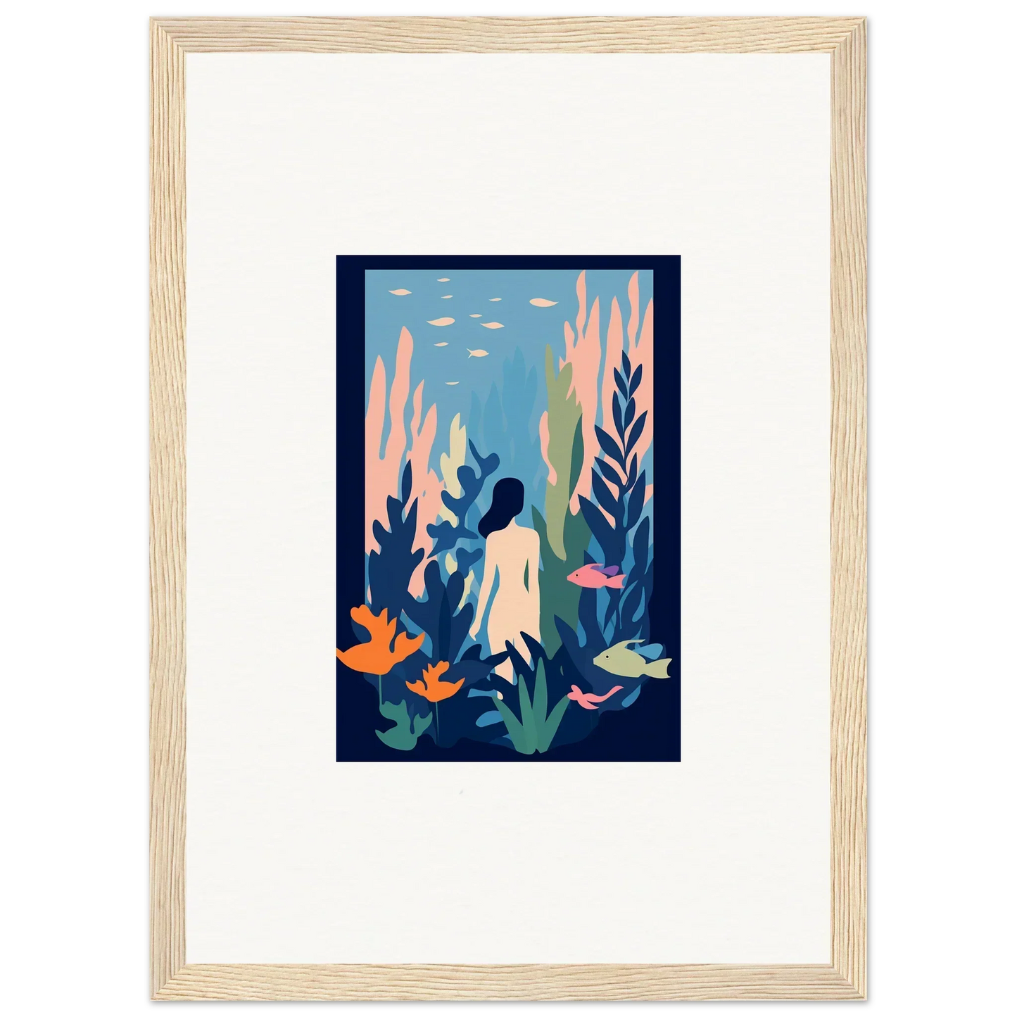 Framed Cosmic Kelp Dream canvas print with a silhouetted figure and underwater plants
