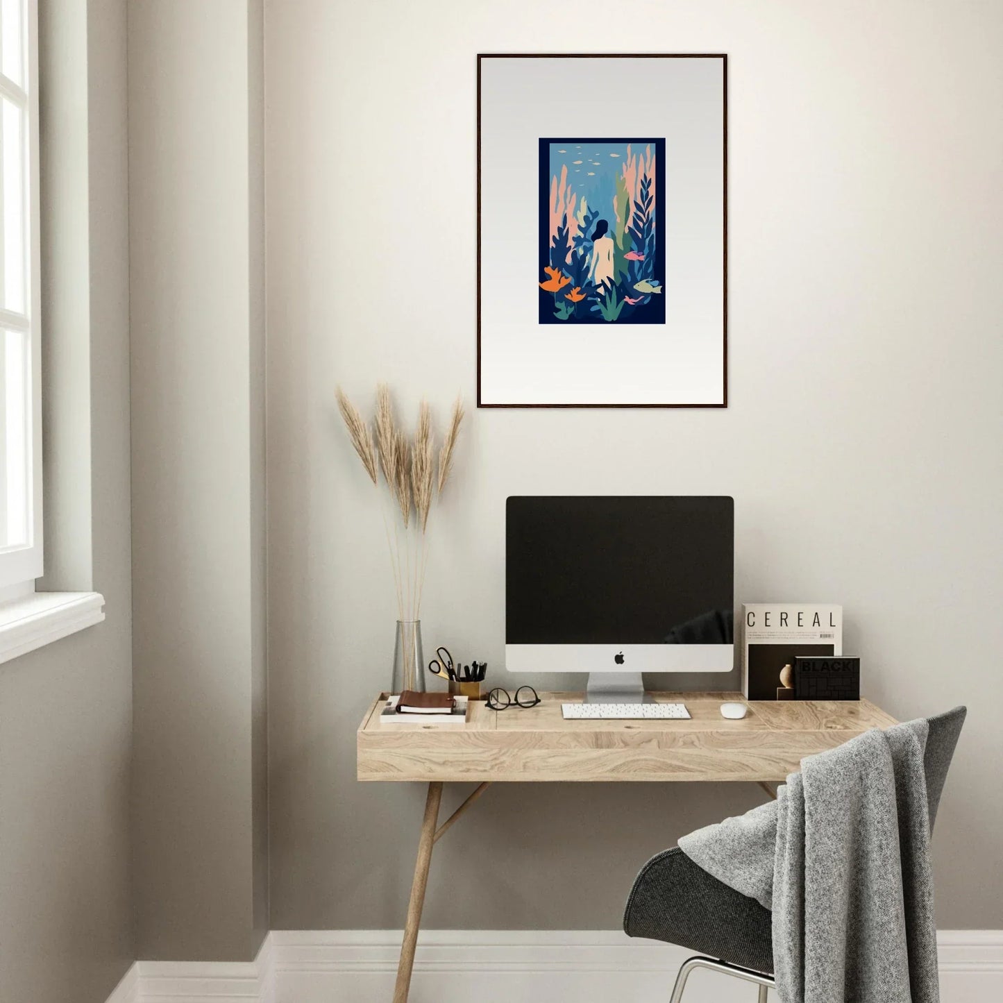 Minimalist home office with Cosmic Kelp Dream canvas print and sleek wooden desk setup