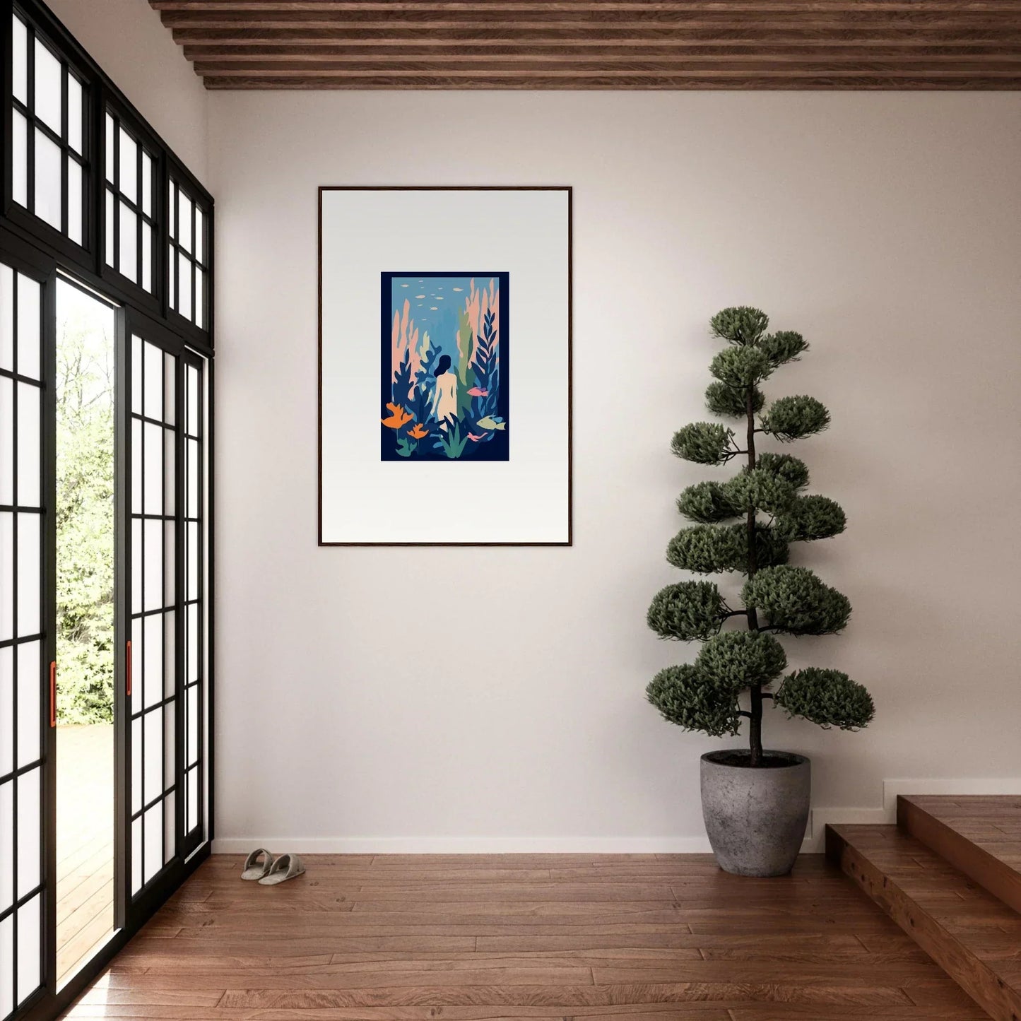 Framed Cosmic Kelp Dream canvas print of a vibrant underwater scene with sea creatures