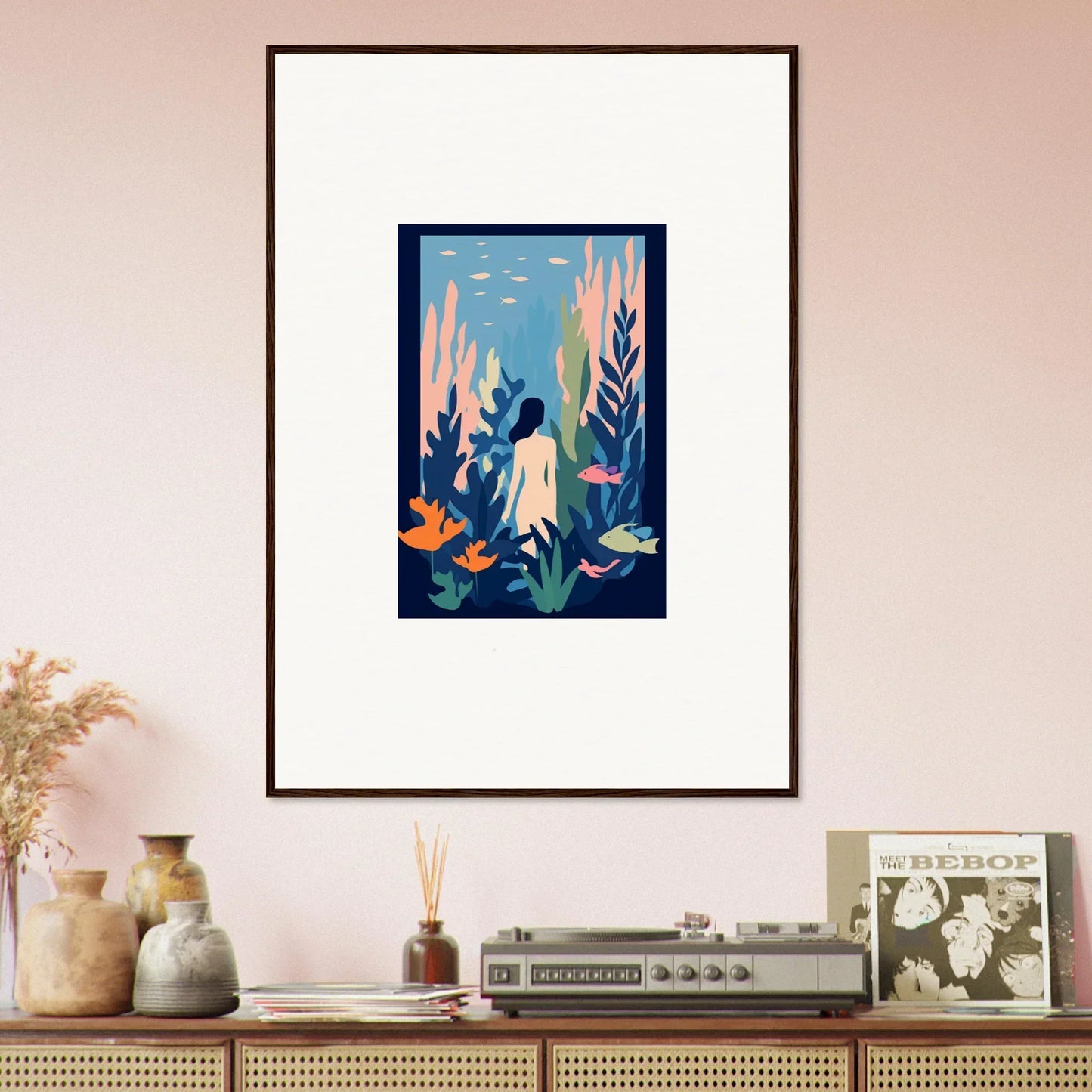 Framed canvas print of Cosmic Kelp Dream featuring a figure in a vibrant nature scene