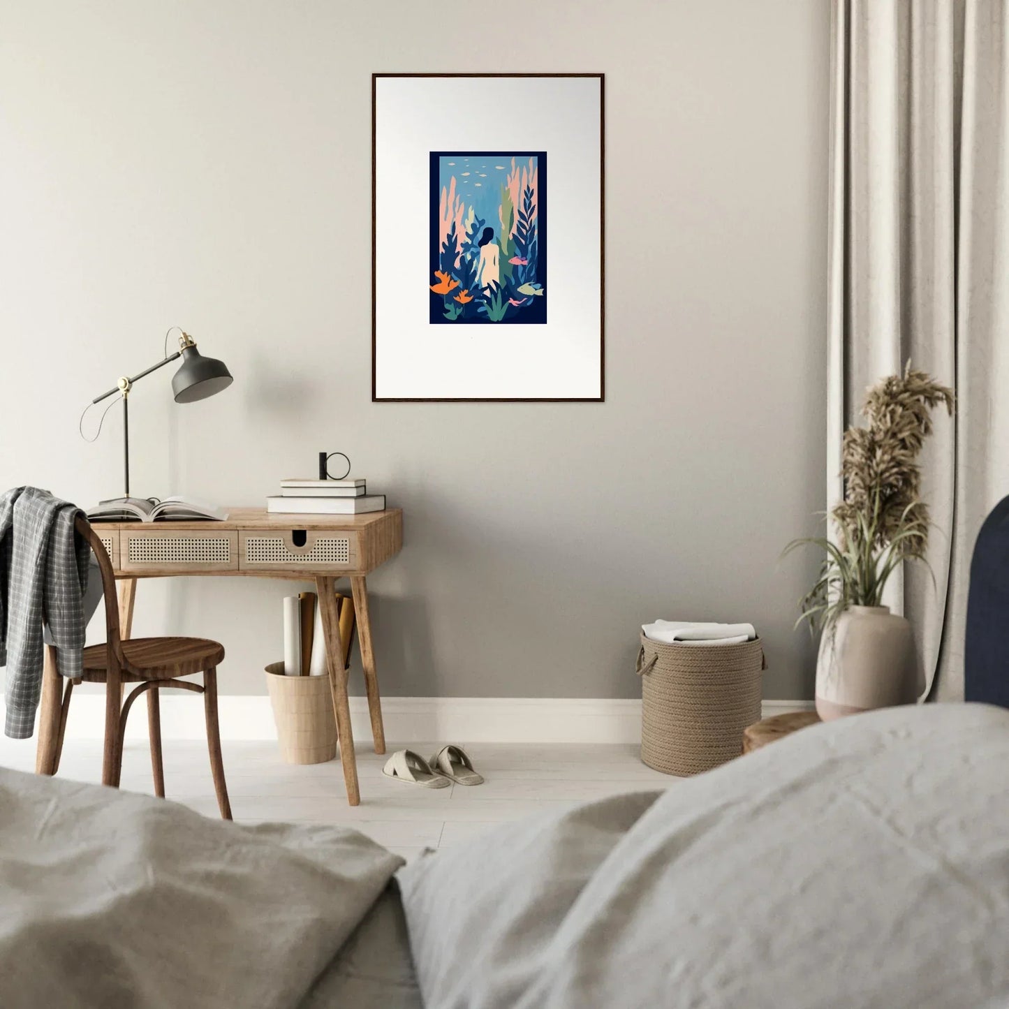 Framed canvas print of a blue figure in a colorful forest, perfect for Kelp Dream room decoration