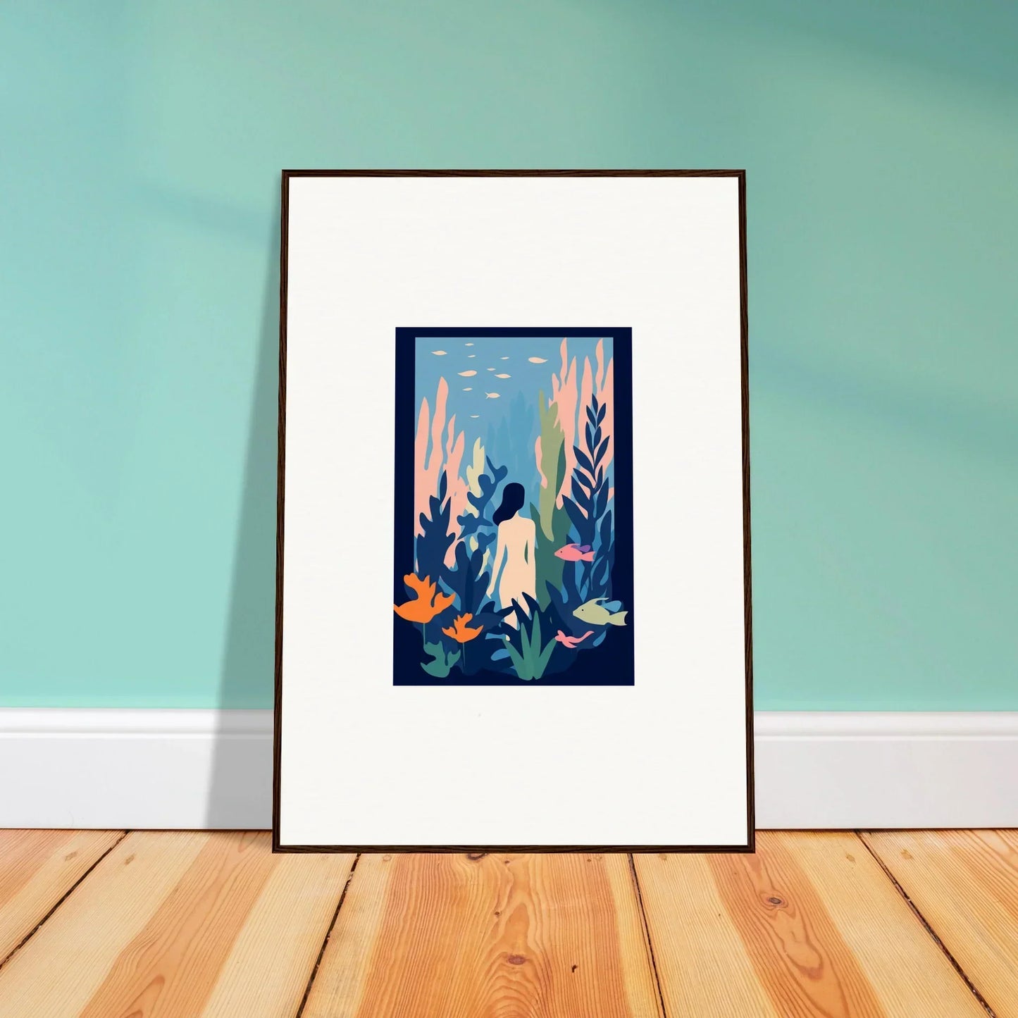Framed Cosmic Kelp Dream canvas print with a vibrant figure and lush plants for room decoration