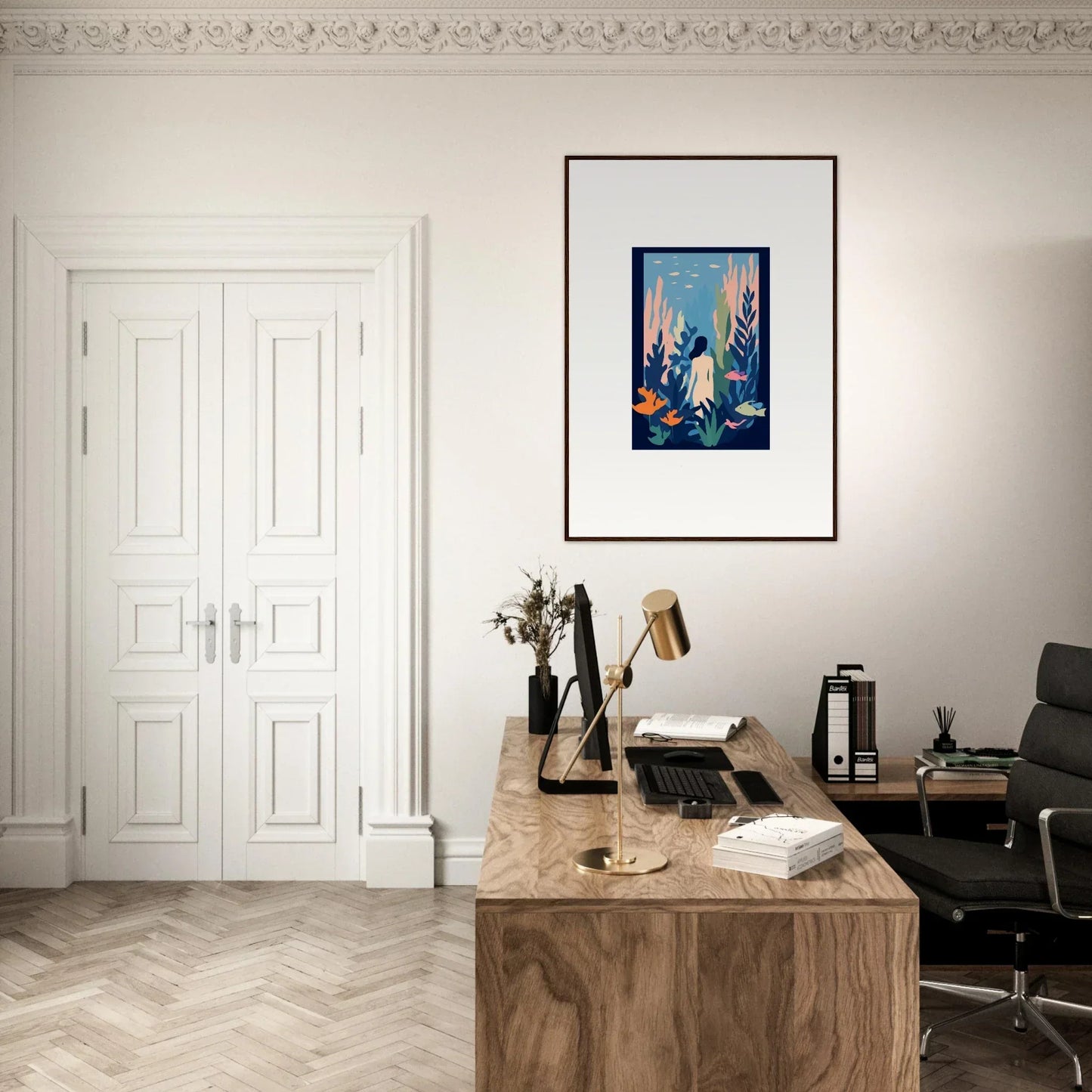 Elegant home office with wooden desk and Kelp Dream canvas print for room decoration