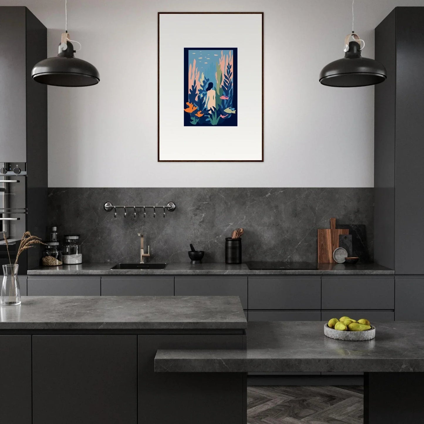 Sleek kitchen featuring dark cabinetry and Cosmic Kelp Dream canvas print for room decoration