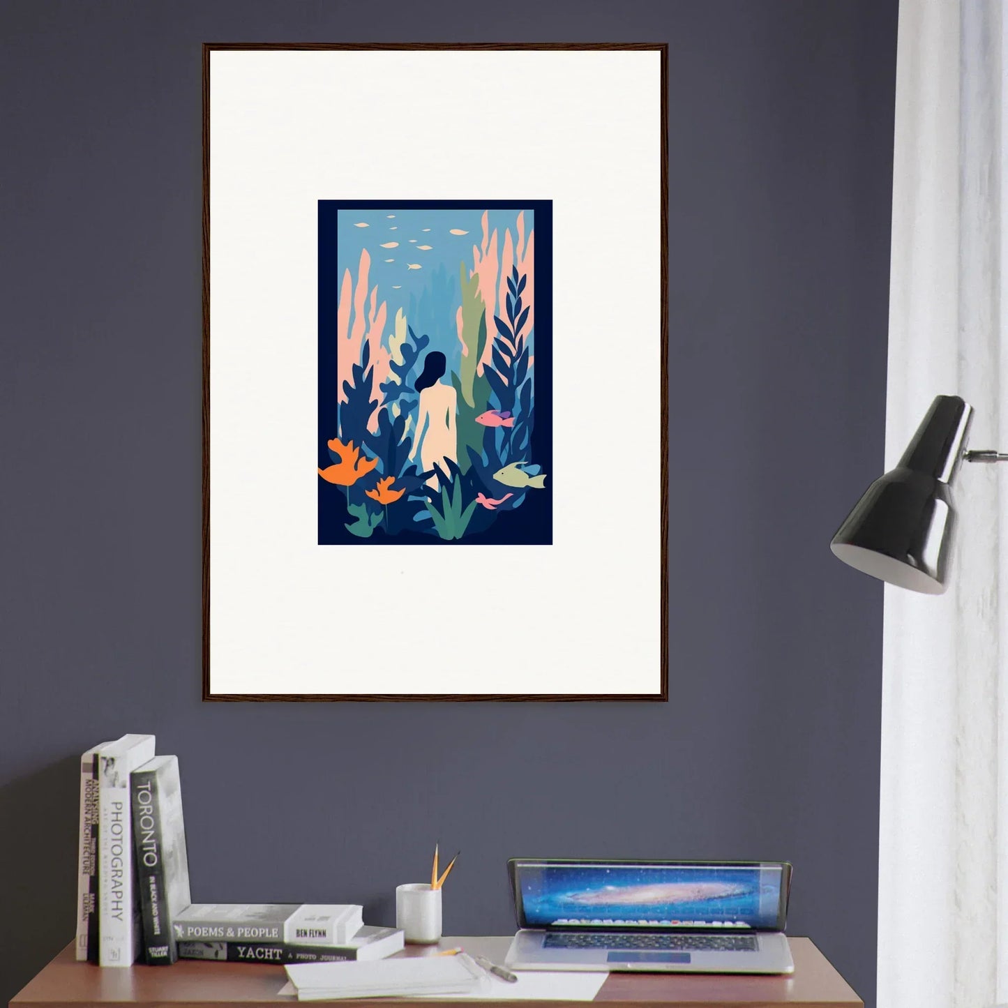 Framed Cosmic Kelp Dream canvas print with colorful underwater plants and fish for room decoration
