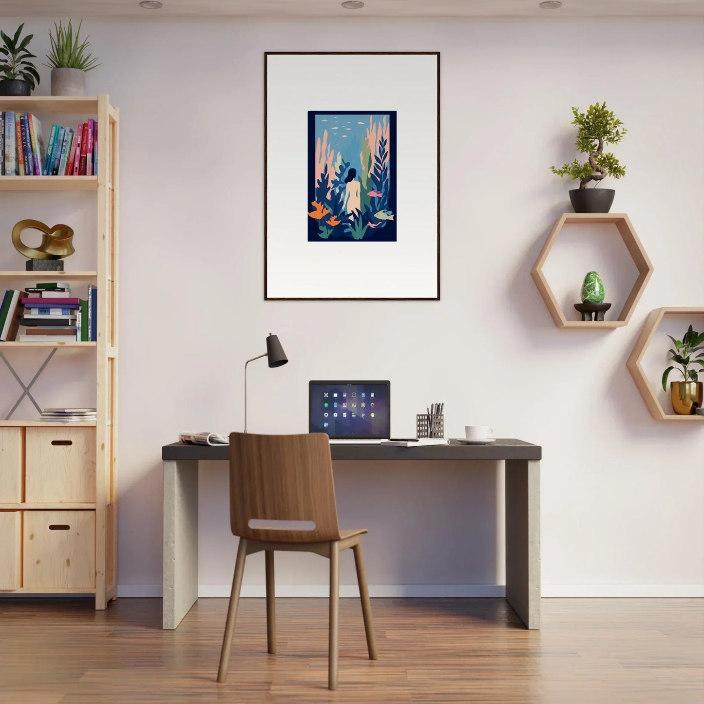 Modern home office with Cosmic Kelp Dream canvas print and stylish room decoration