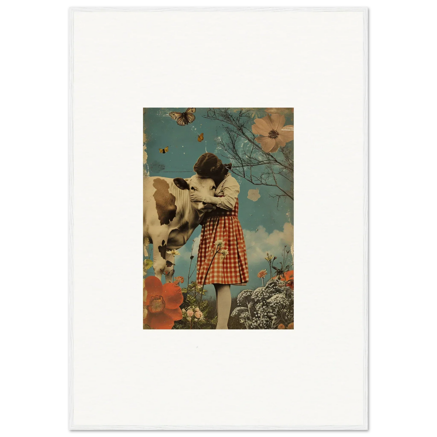 Vintage-style collage of a girl in a plaid skirt with a cow, perfect for room decoration