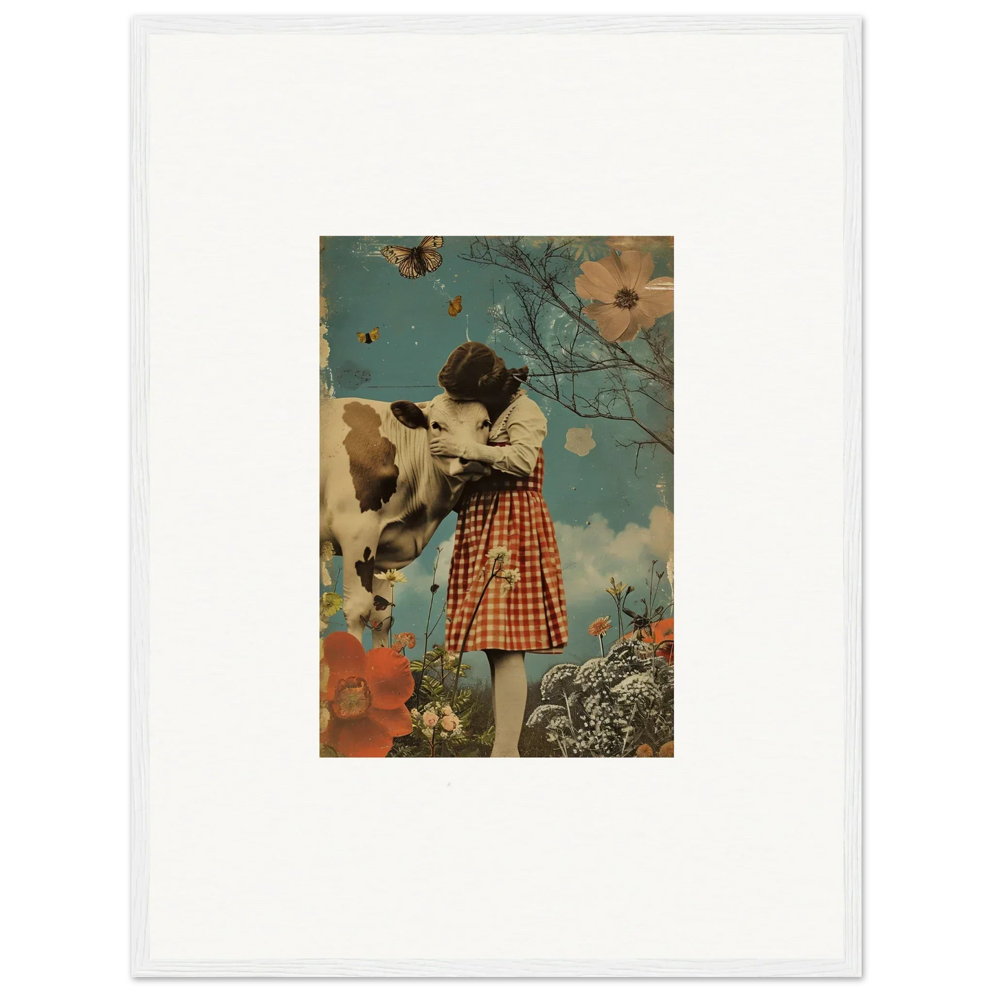Vintage collage art of a girl in plaid with a cow, perfect for Meadow Hymn room decoration
