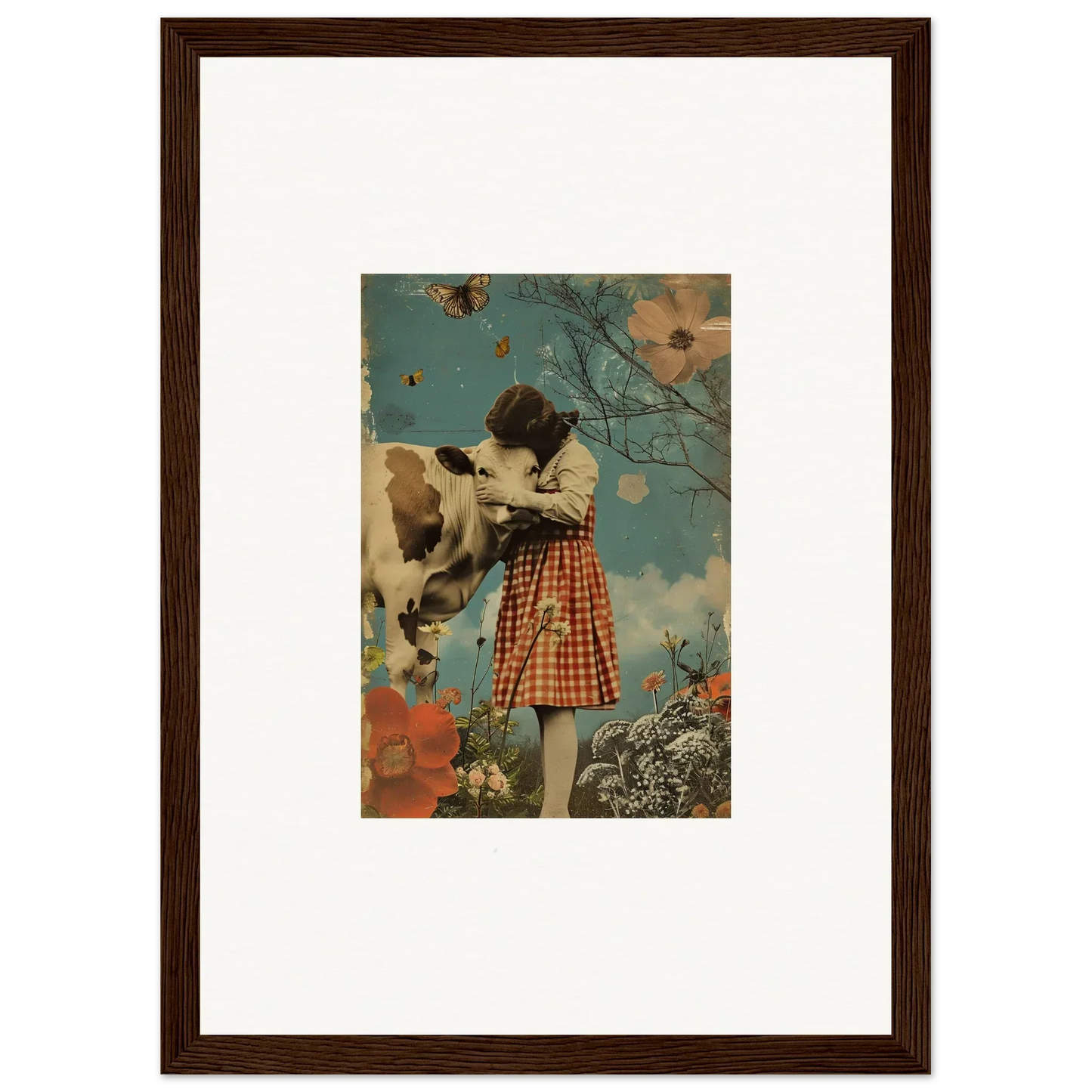 Framed canvas print of a girl in a plaid dress petting a cow in a Cosmic Meadow Hymn