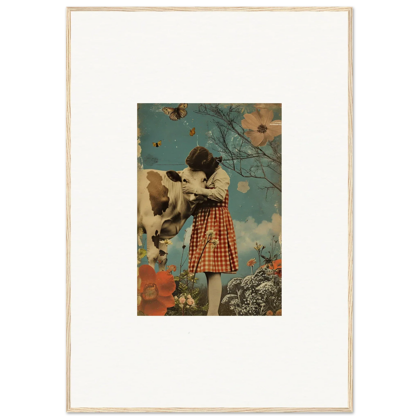 Young girl in a checkered dress petting a cow for a cozy meadow hymn canvas print