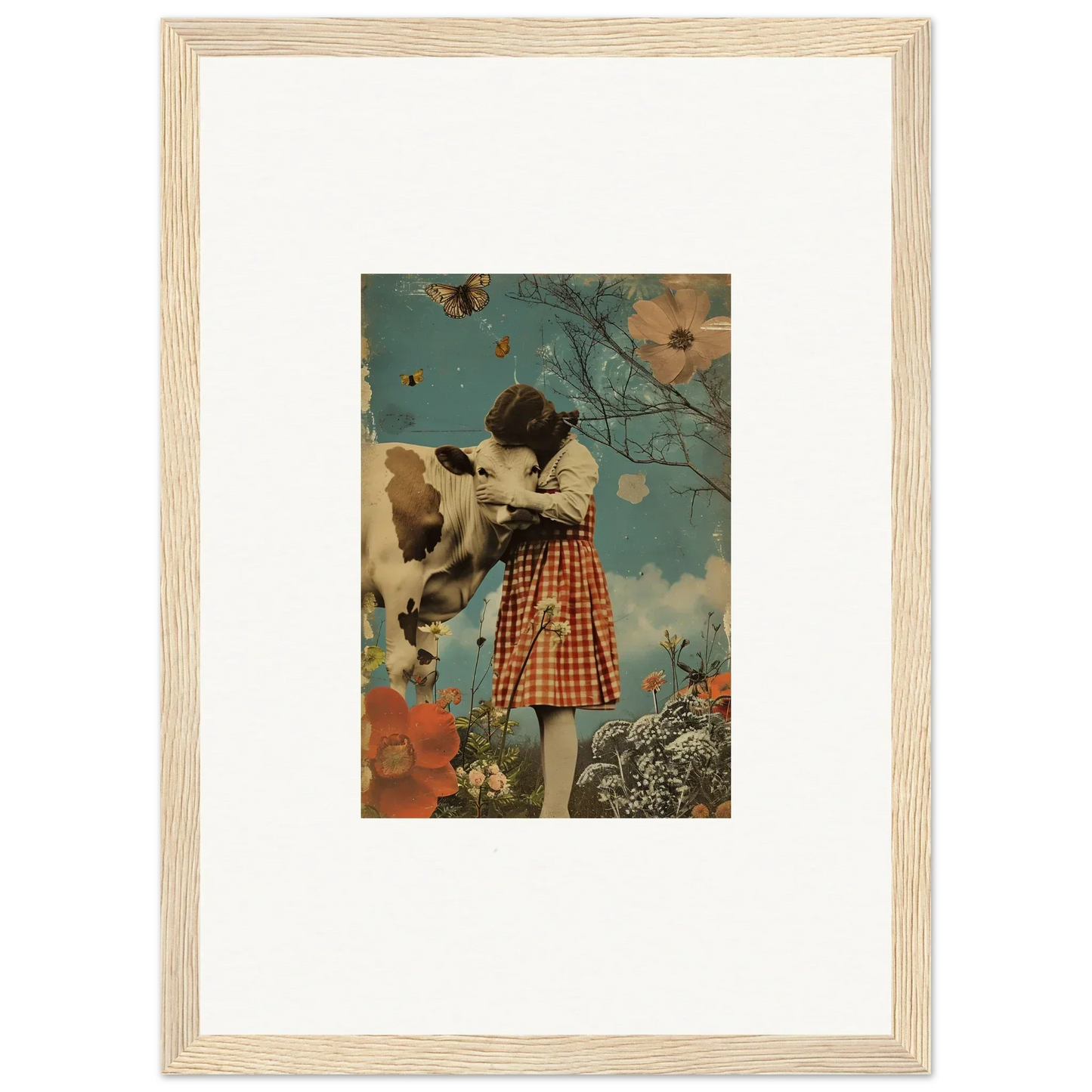 Surreal Canvas Print of Cosmic Meadow Hymn with a Person and Cow in Dreamy Sky