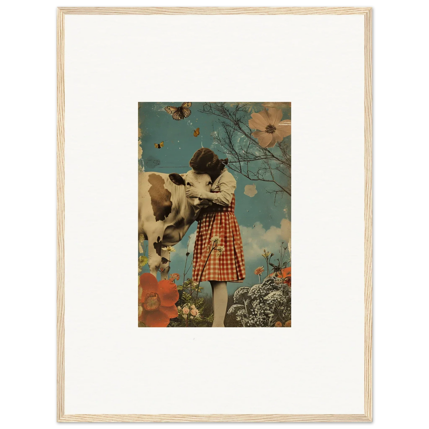 Framed canvas print of a girl in a plaid skirt petting a cow in a meadow hymn scene
