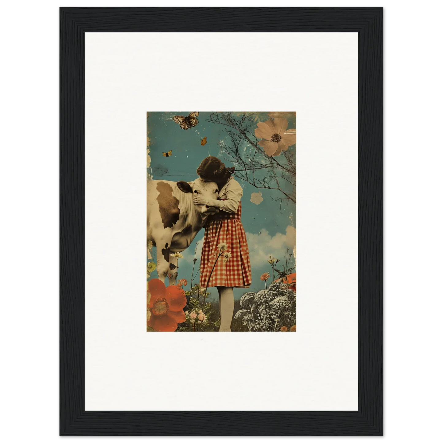 Framed canvas print of a girl in a checkered dress in Cosmic Meadow Hymn artwork