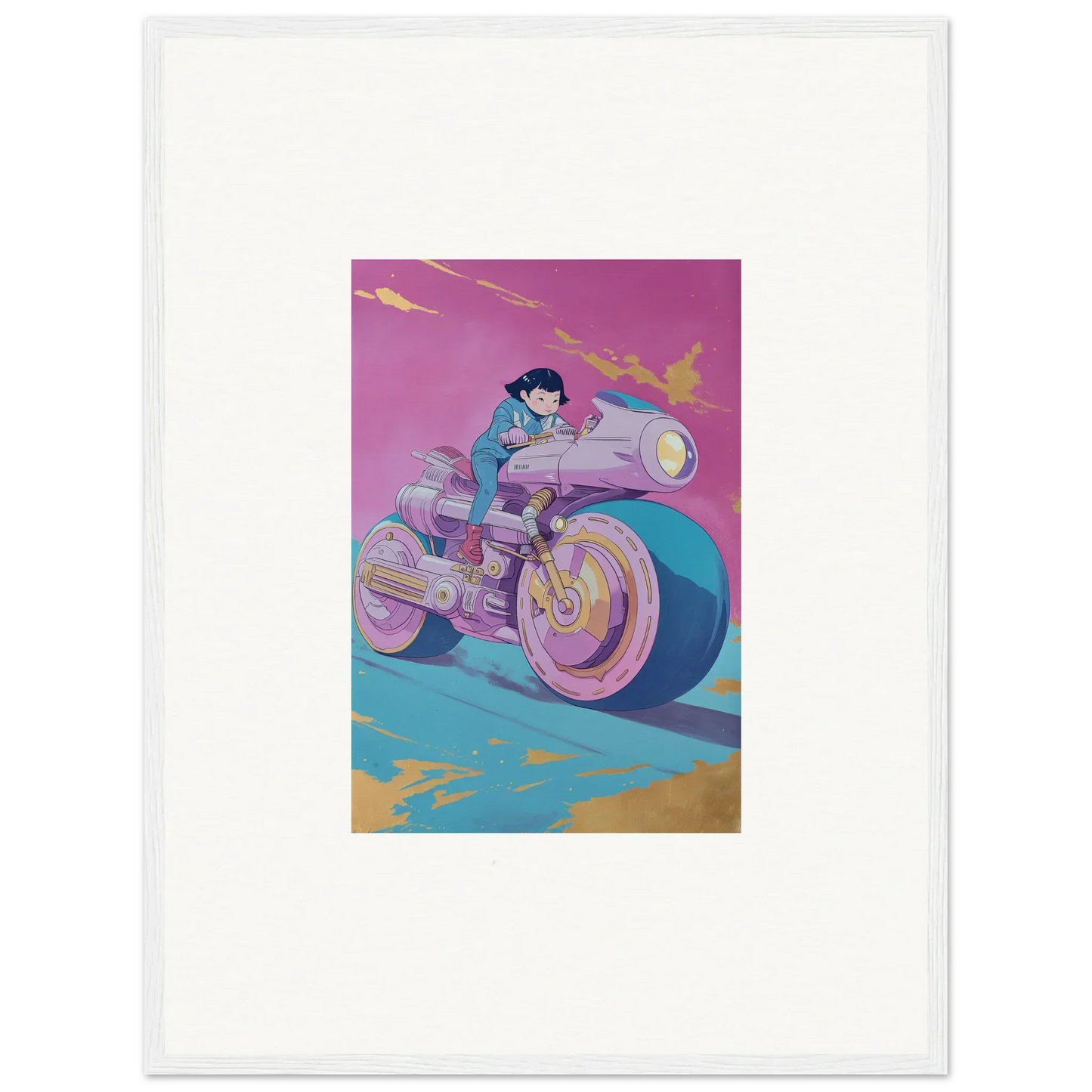 Stylized illustration of a person on a futuristic motorcycle for Cosmic Ride Symphony canvas print