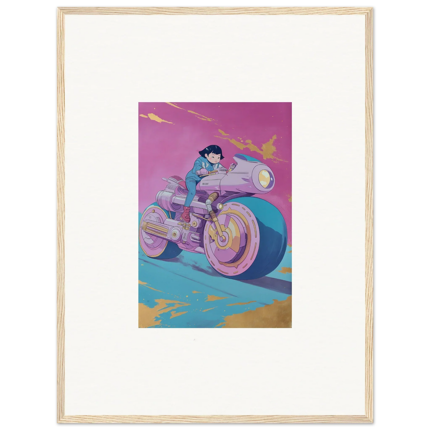 Vibrant canvas print of a person on a futuristic motorcycle for cool room decoration