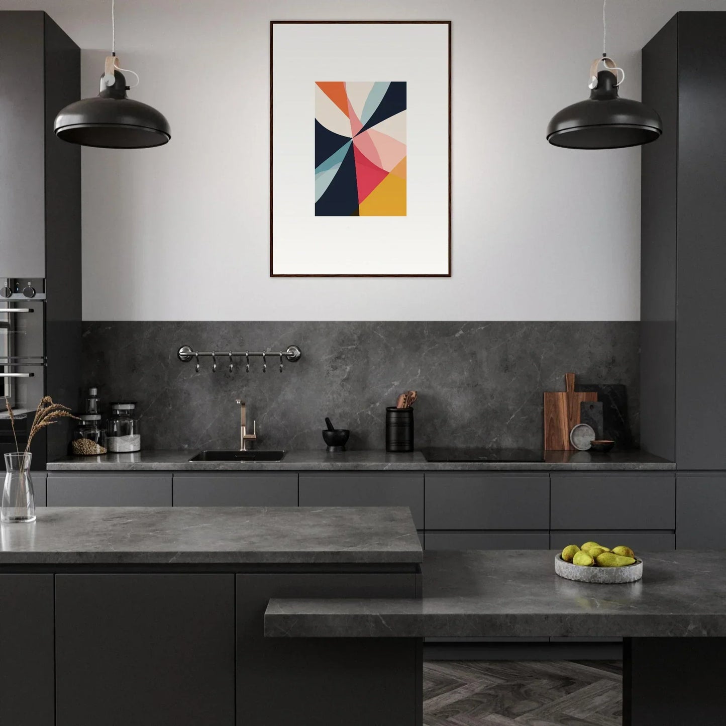 Modern kitchen with dark gray cabinets and a vibrant canvas print, Tango Explodes art