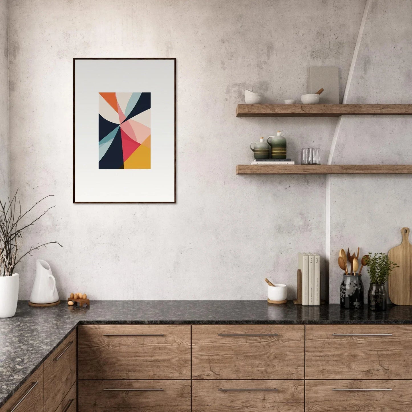 Modern kitchen with wooden cabinets, dark countertops, and a cosmic tango explodes canvas print